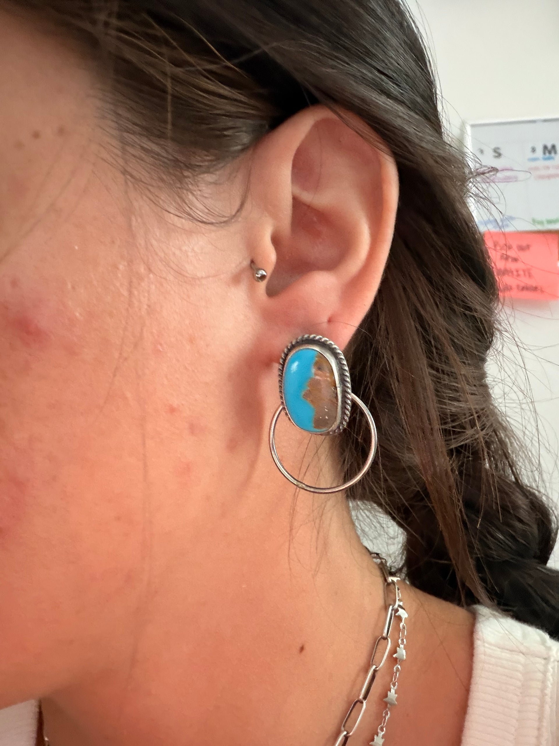 Navajo Made Kingman Turquoise & Sterling Silver Post Dangle Earrings