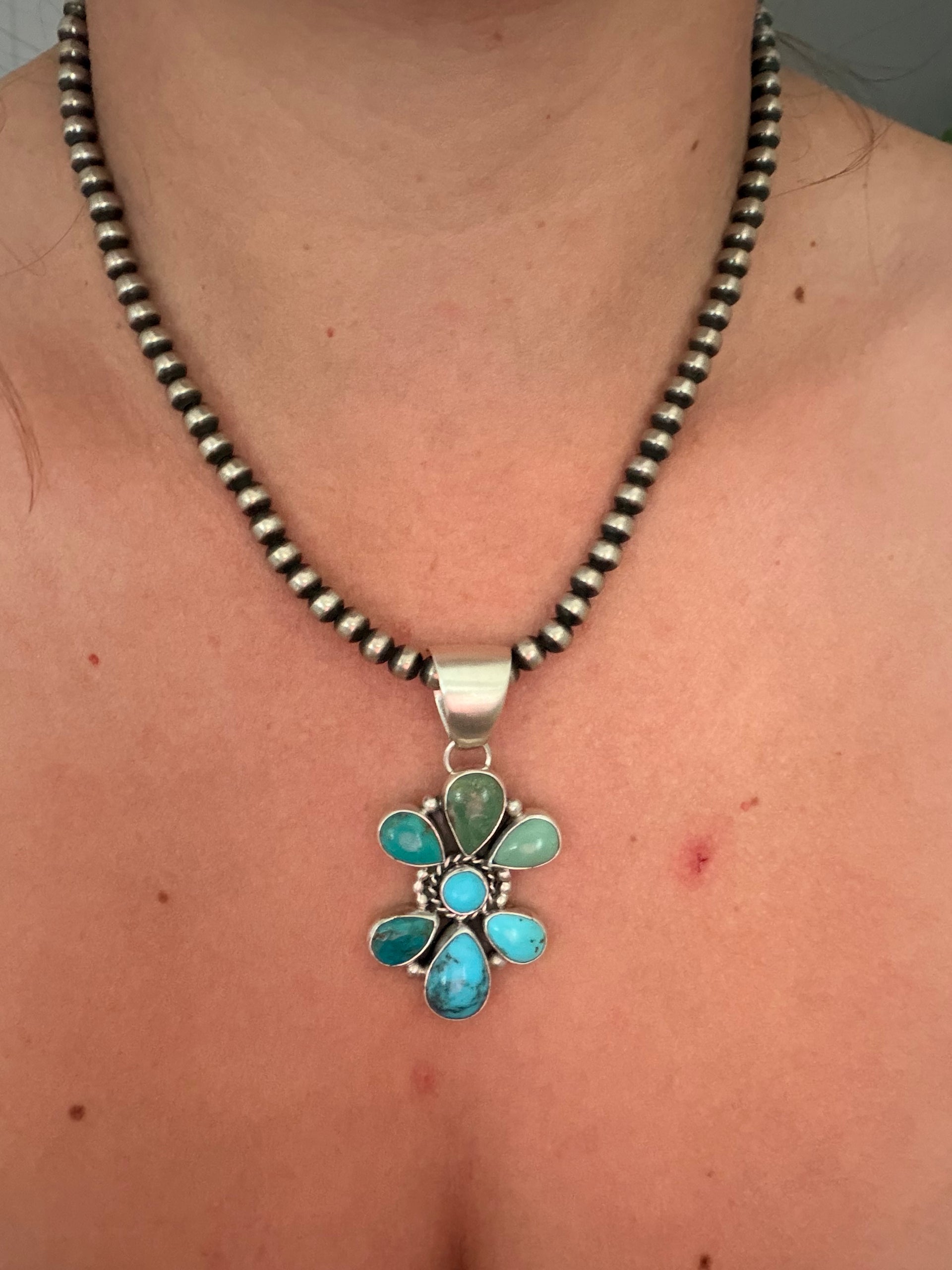 Navajo Made Kingman Turquoise & Sterling Silver Cluster Pendant