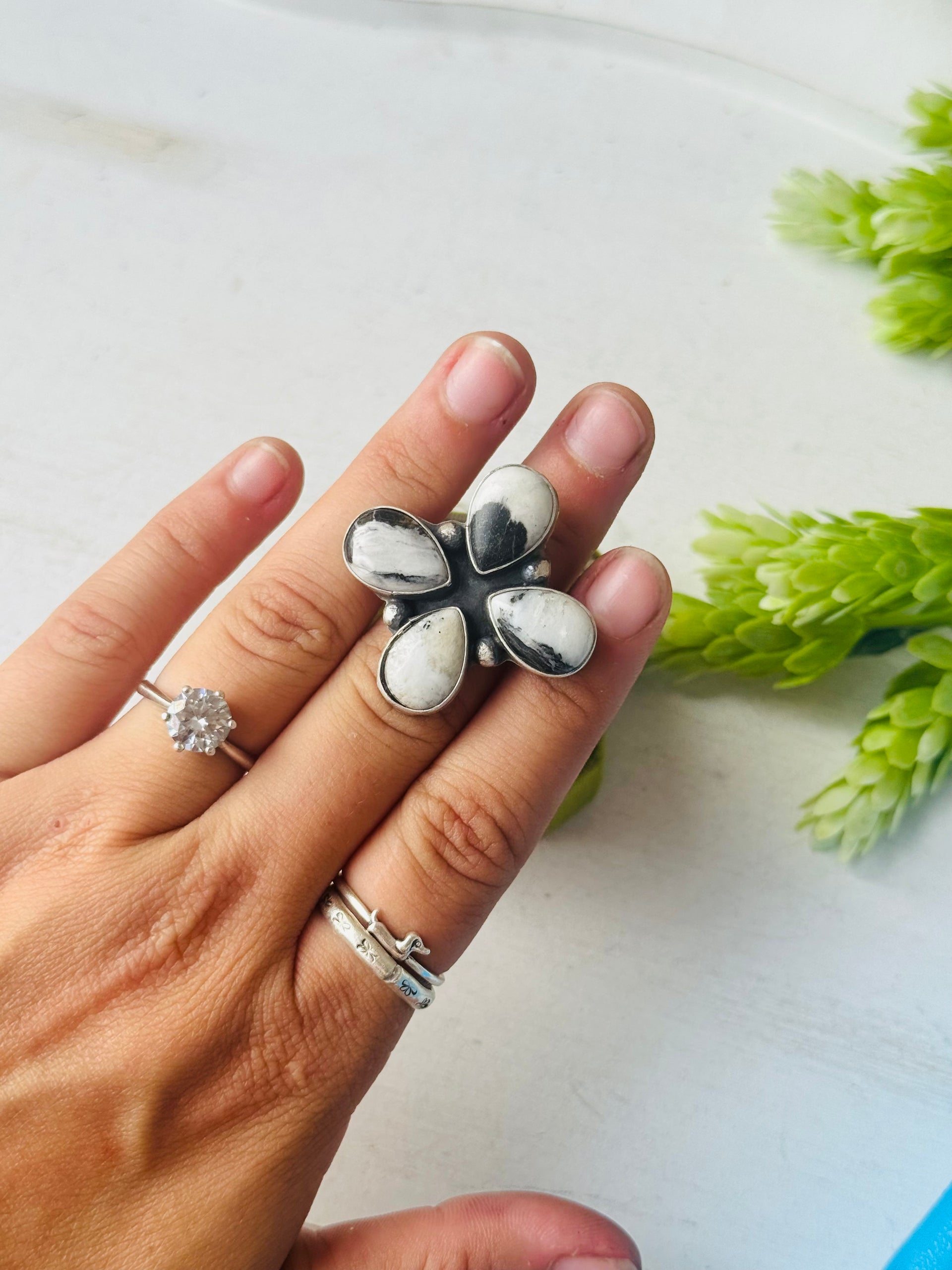 Myron Benally White Buffalo & Sterling Silver Ring Size 7.75