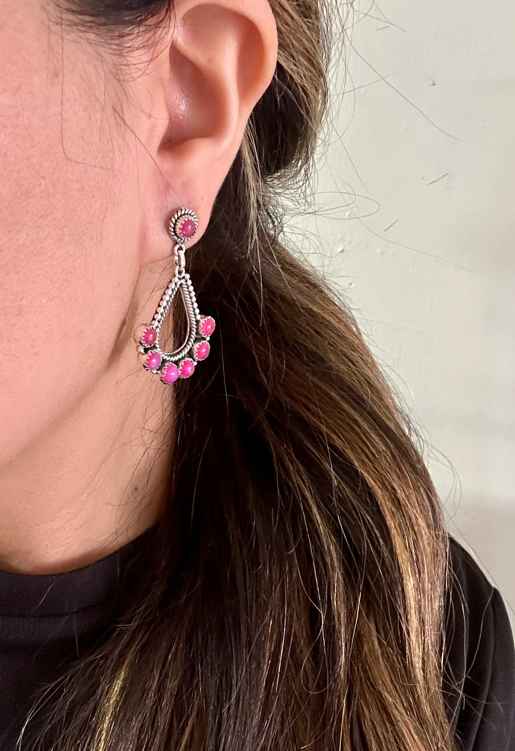 Southwest Handmade Pink Onyx & Sterling Silver Post Dangle Earrings