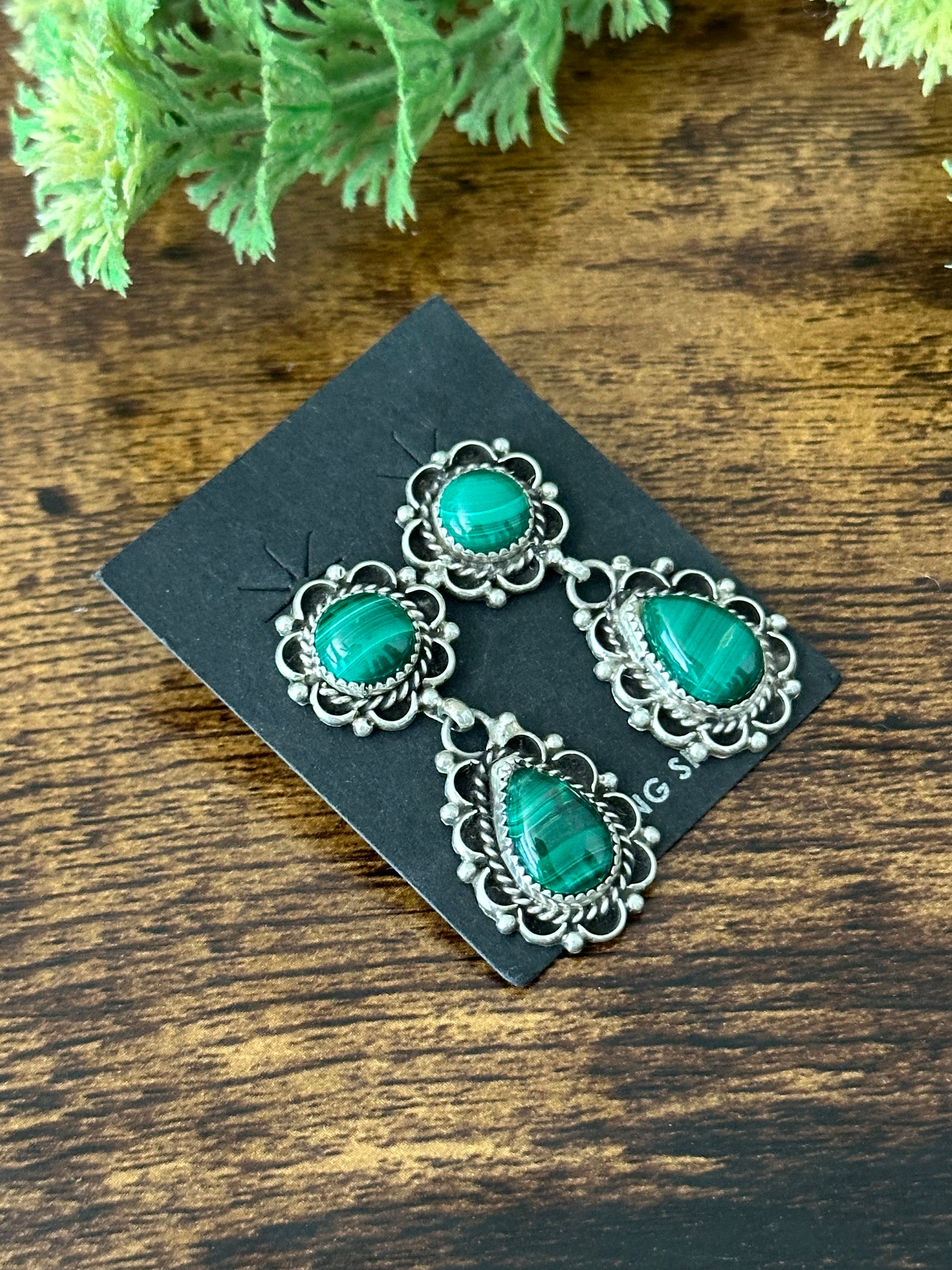 Navajo Handmade Malachite & Sterling Silver Dangle Earrings