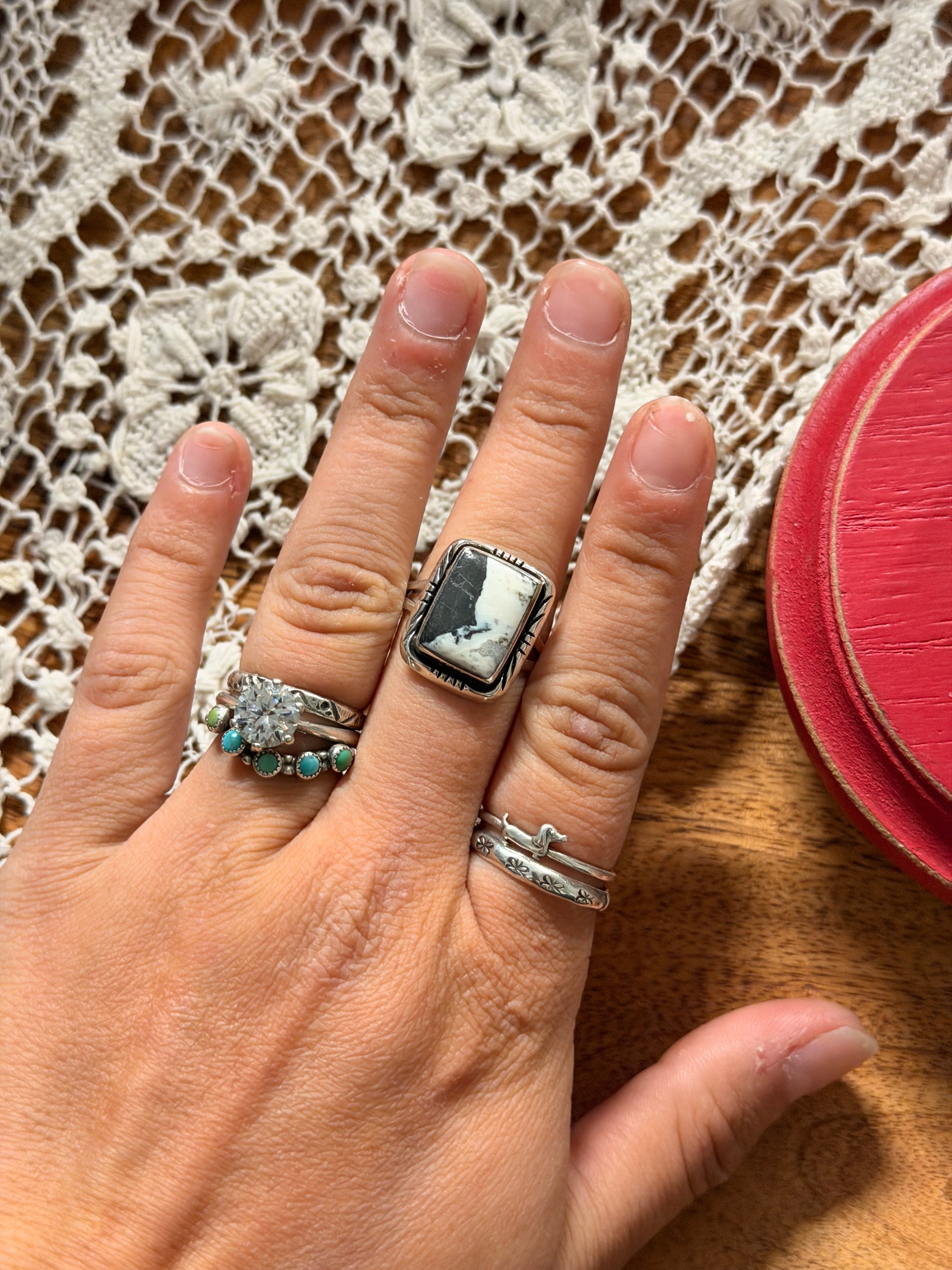 Navajo Made White Buffalo & Sterling Silver Ring Size 9