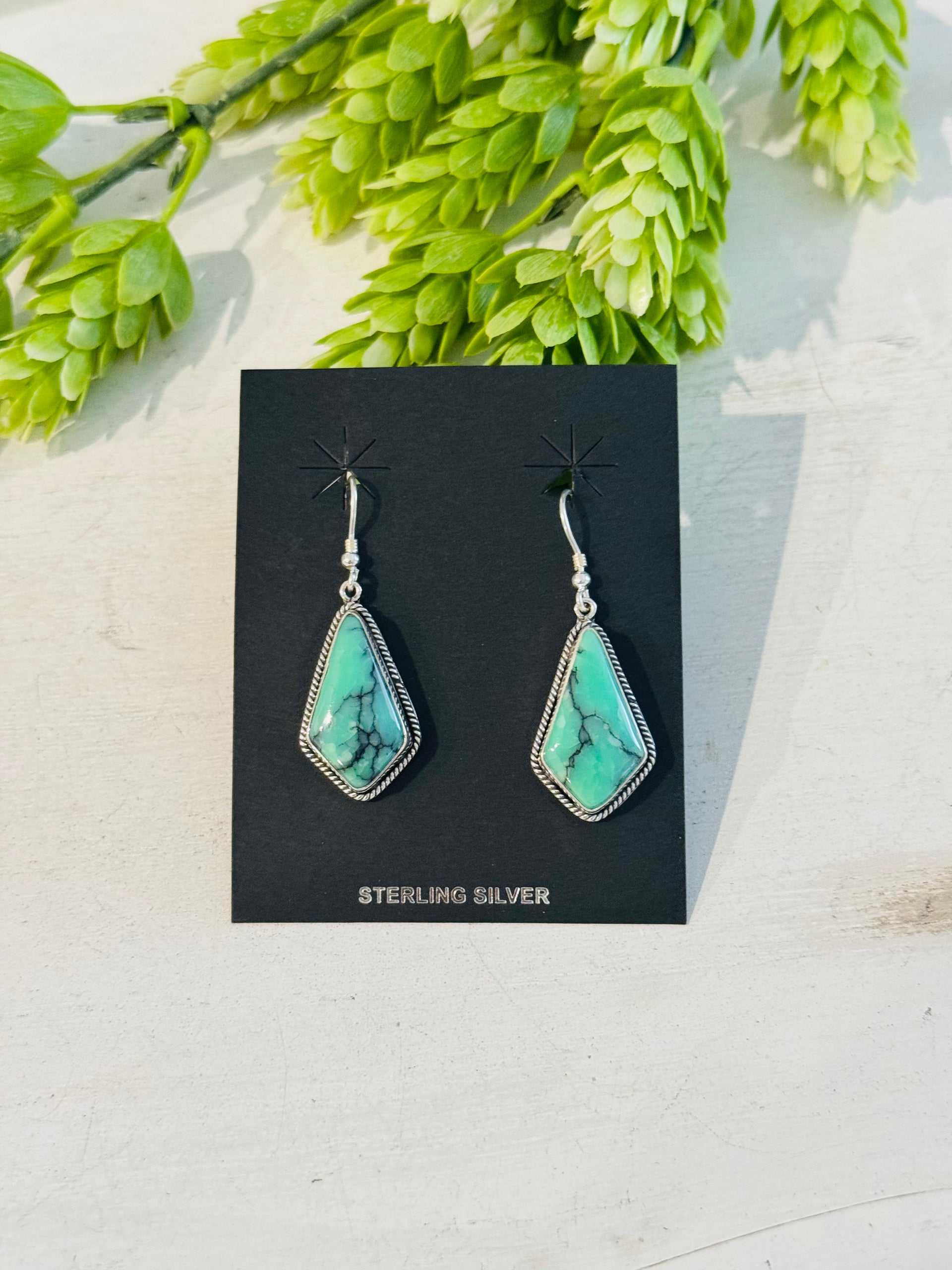 Southwest Handmade Emerald Rose Variscite & Sterling Silver Dangle Earrings