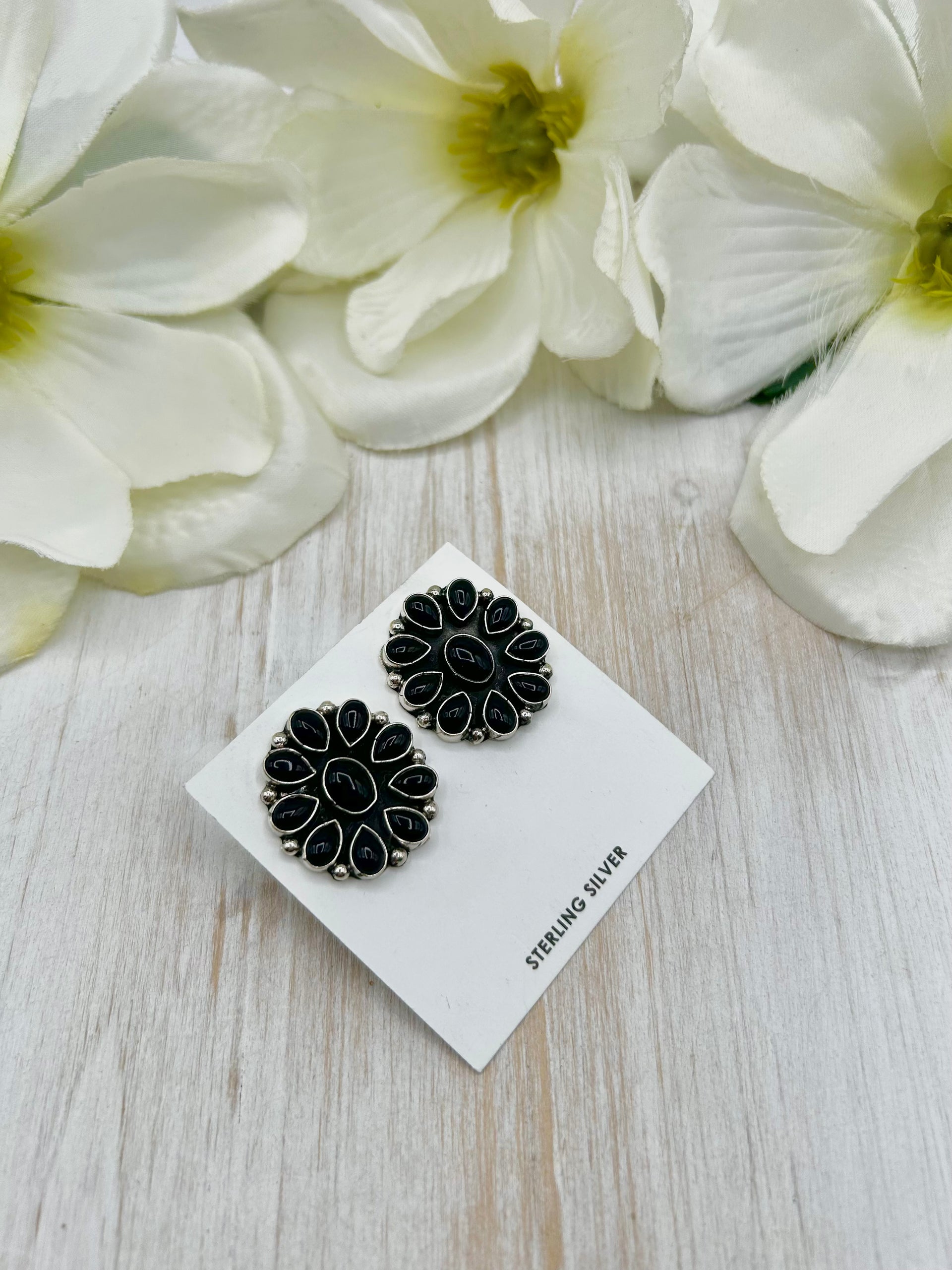 Navajo Made Onyx & Sterling Silver Post Earrings