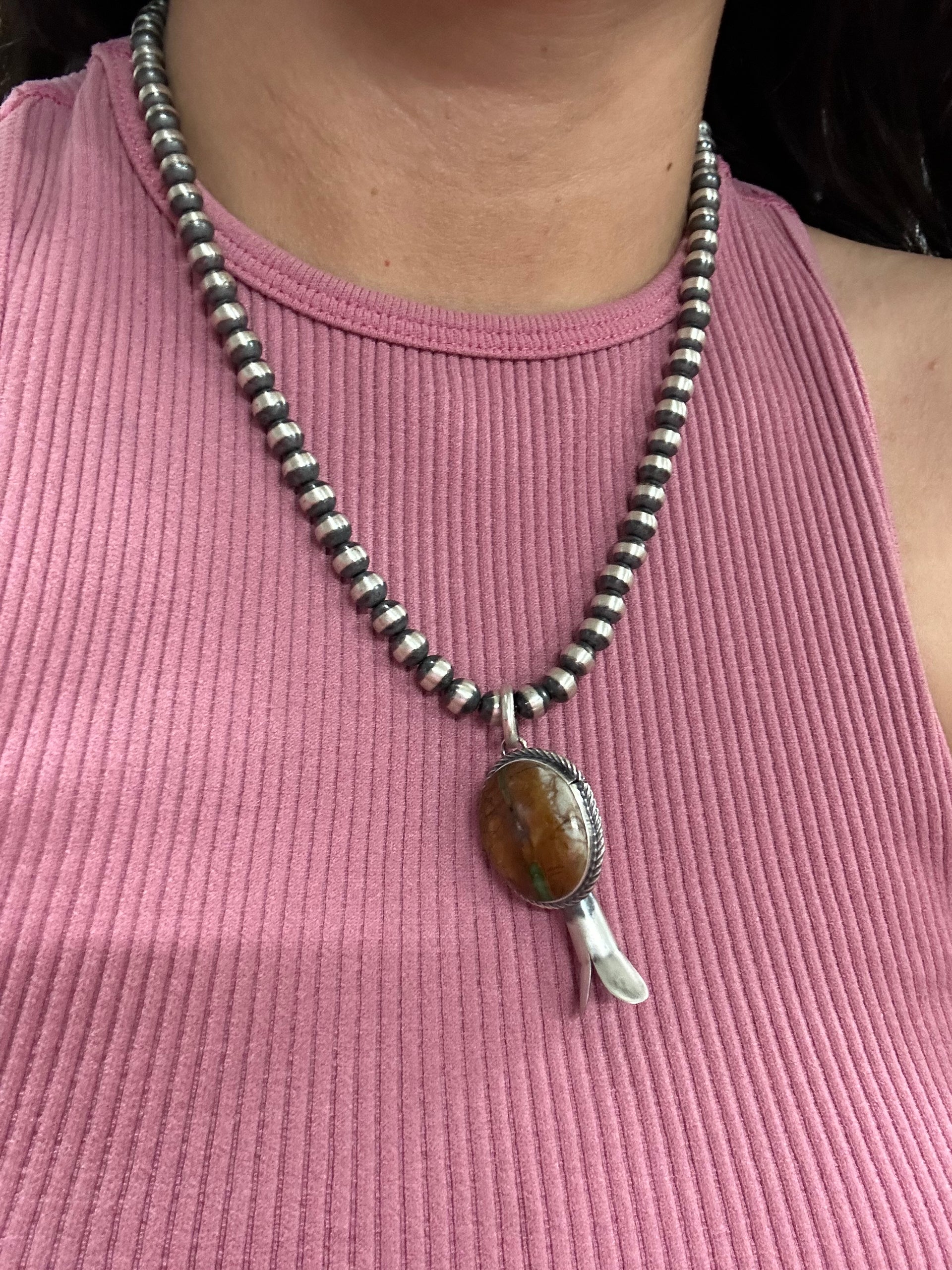 Navajo Made Ribbon Royston Turquoise & Sterling Silver Blossom Pendant