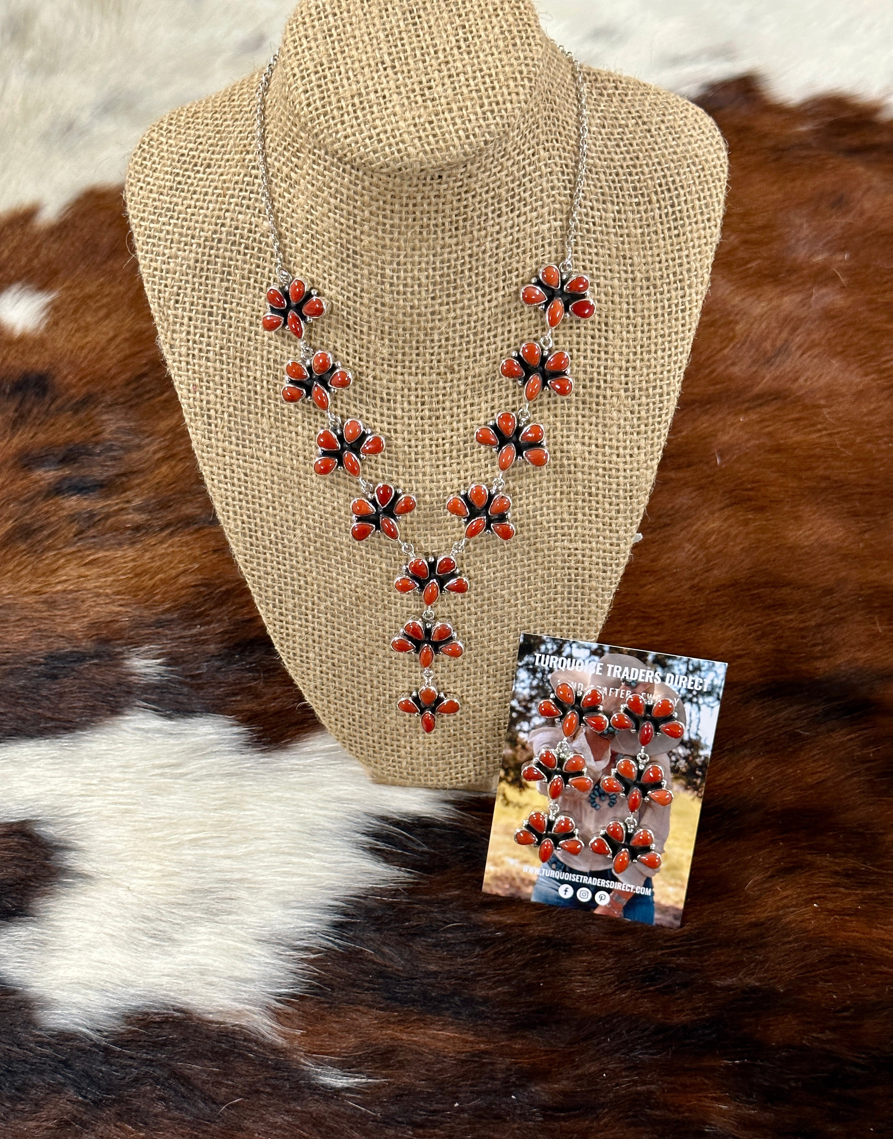 Southwest Handmade Natural Red Coral & Sterling Silver Necklace Set