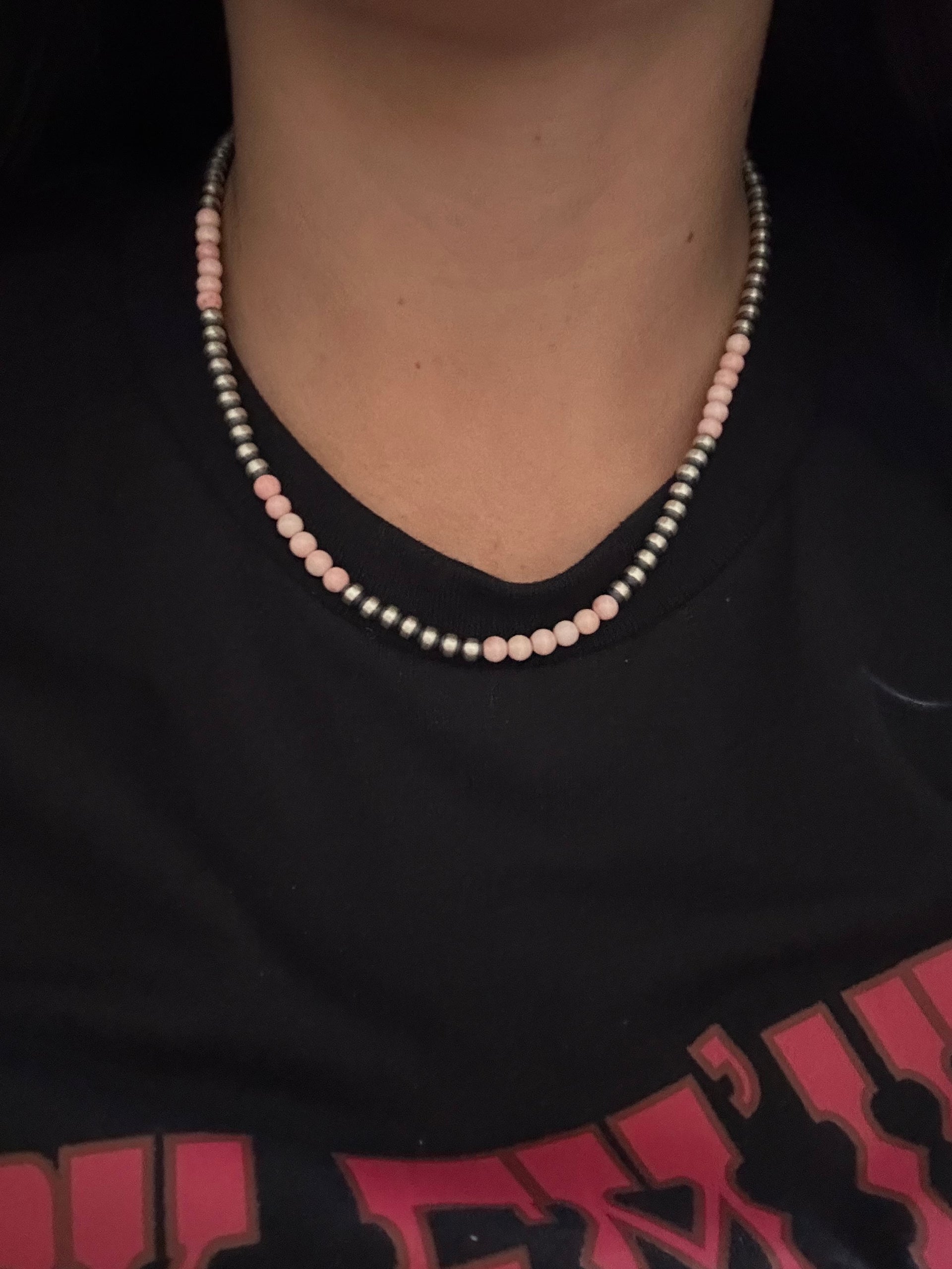 Navajo Strung Pink Conch & Sterling Silver Pearls Beaded Necklace