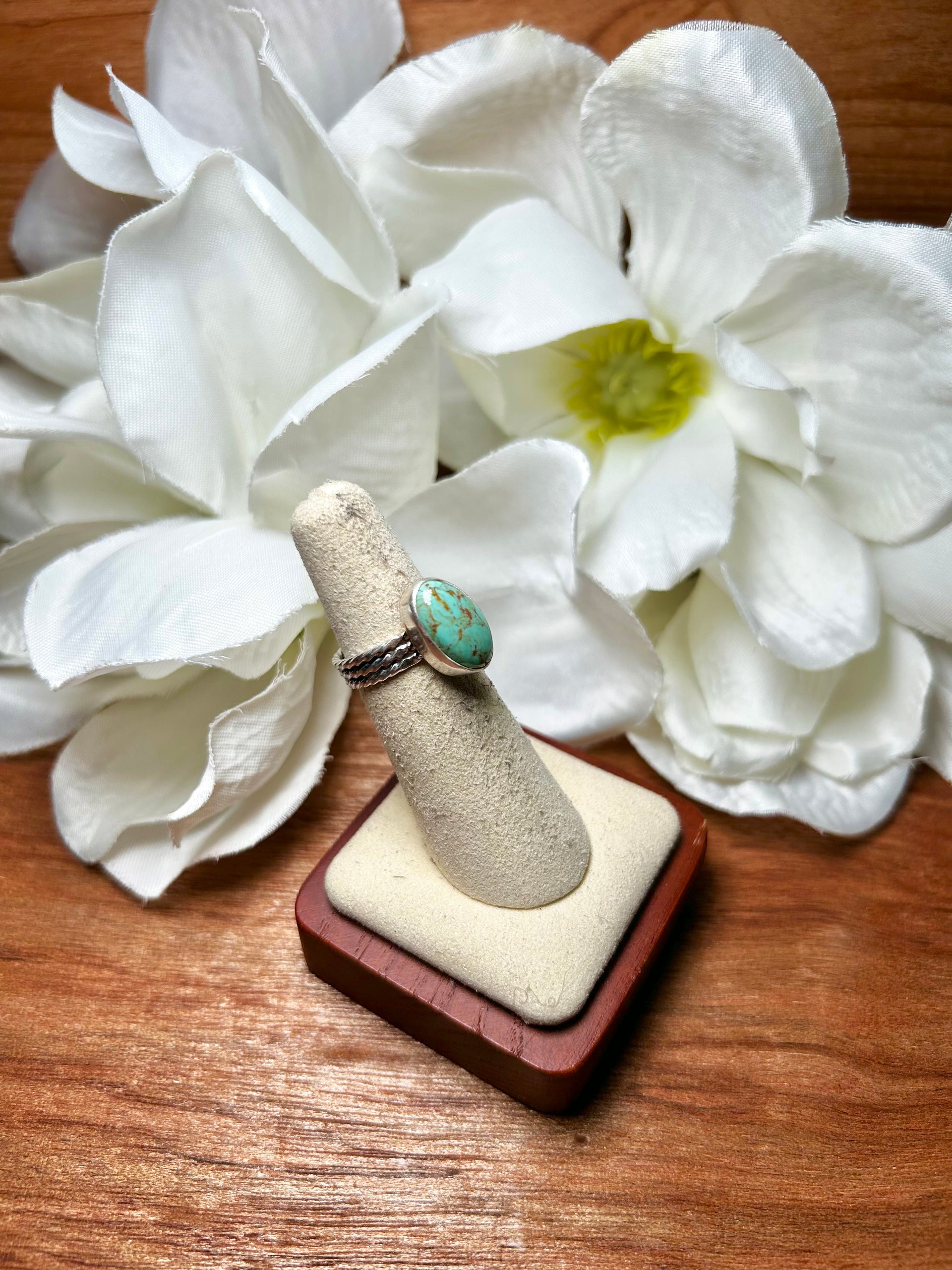 Navajo Made Green Turquoise & Sterling Silver Cluster Ring Size 4.5