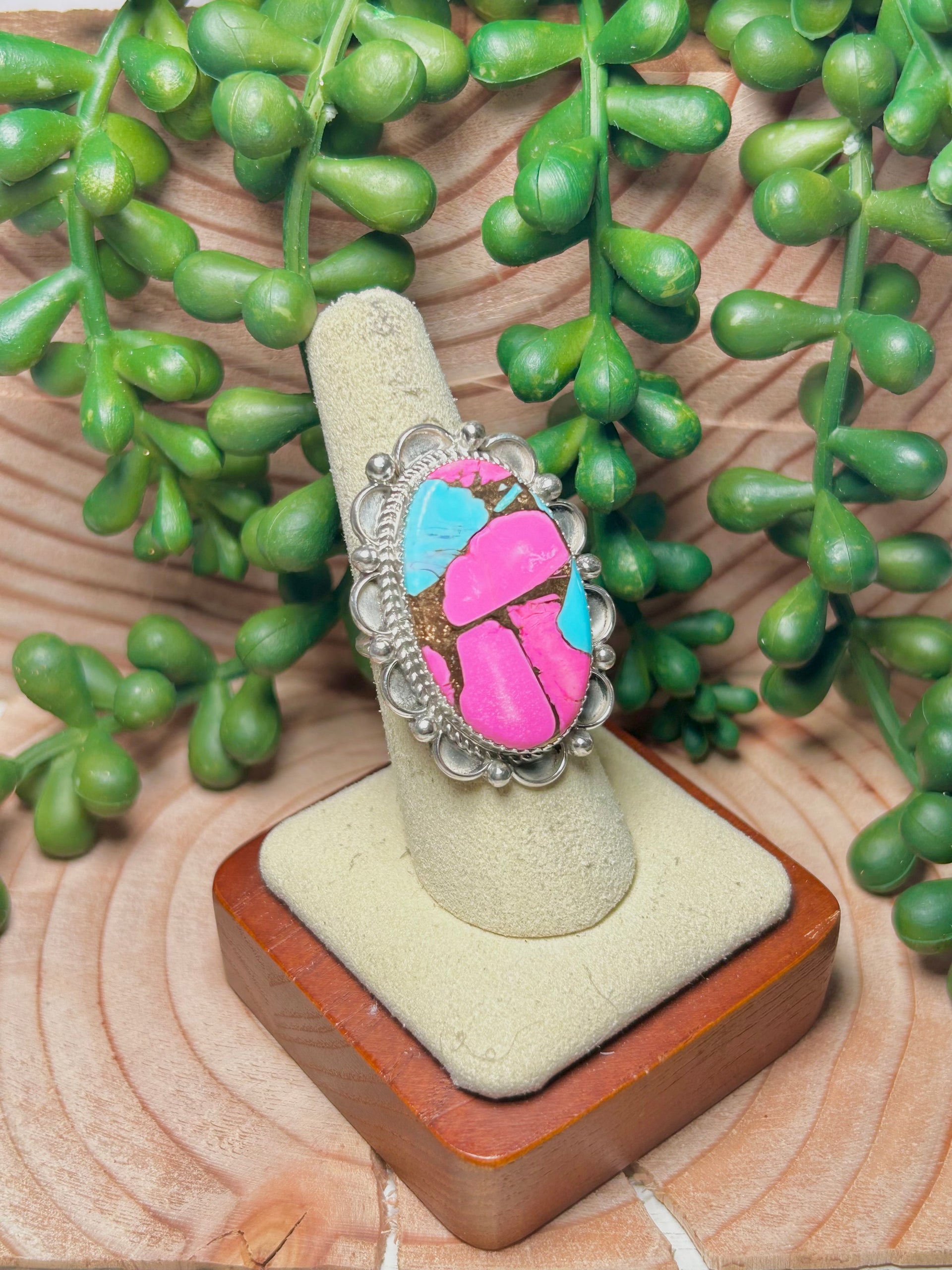 Navajo Made Cotton Candy Dahlia & Sterling Sliver Ring Size 7.25