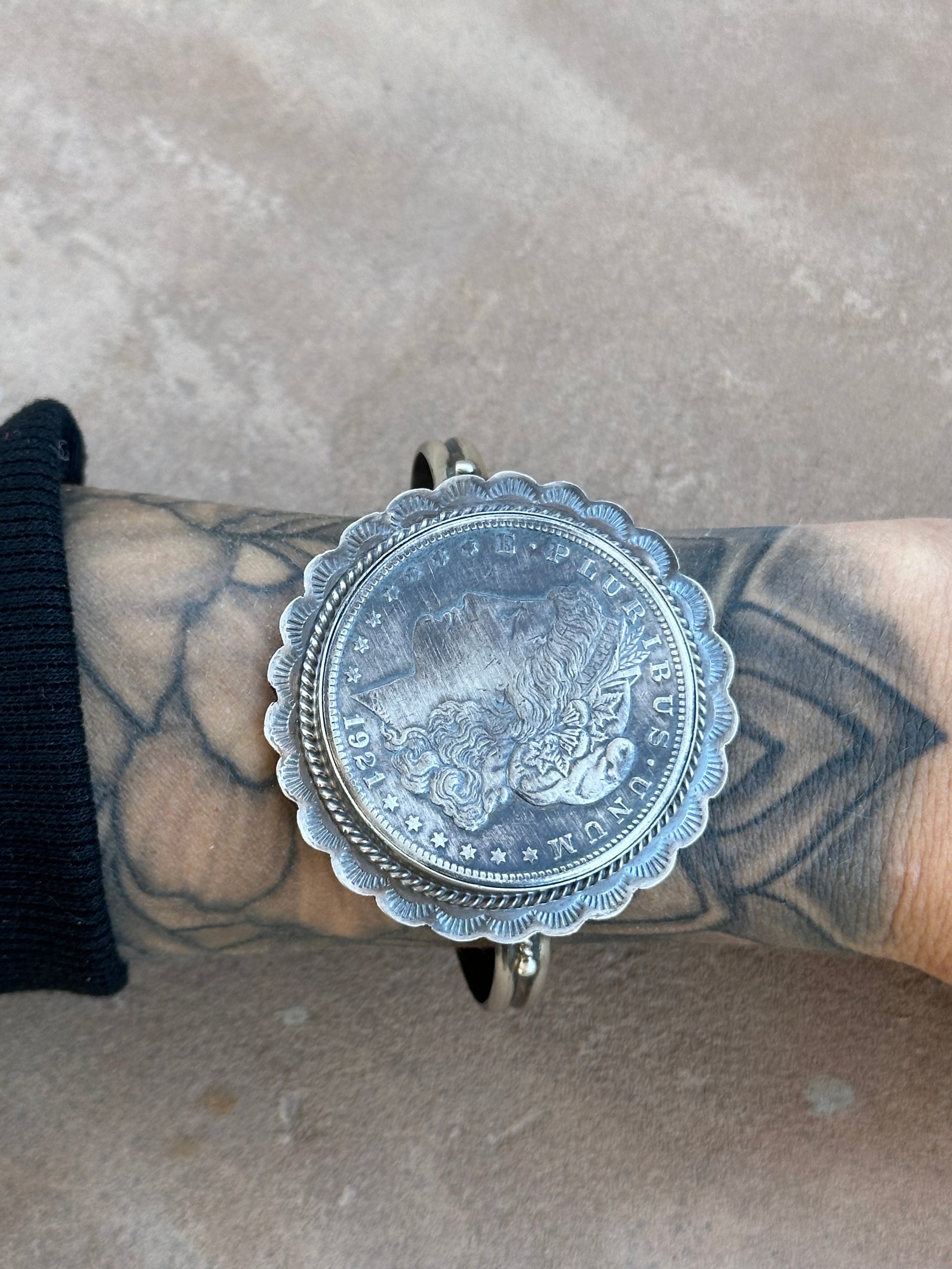 Peggy Skeets Sterling Silver Liberty Dollar put Cuff Bracelet