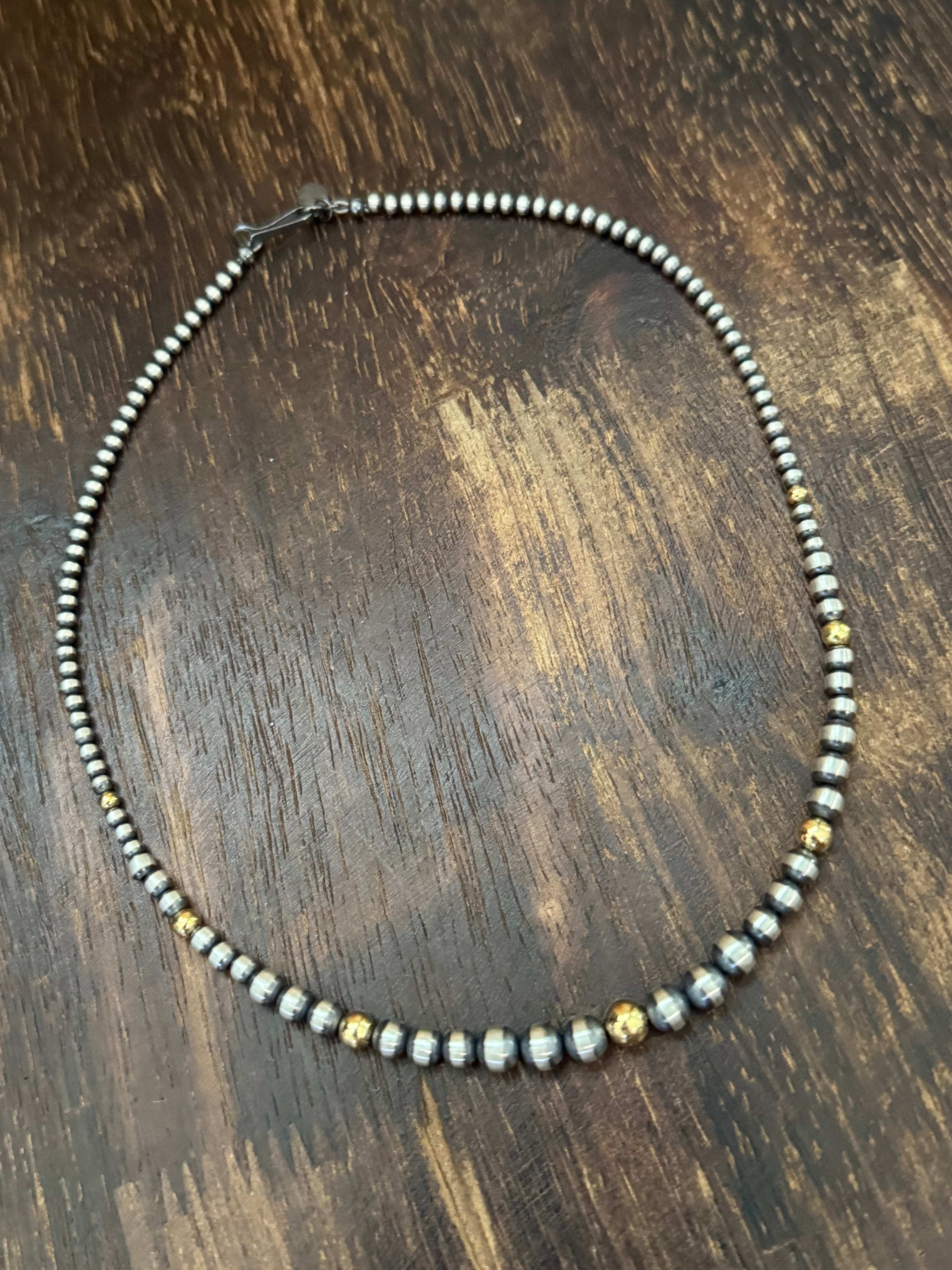 Navajo STRUNG Sterling Silver & 14 kt Gold Plate Graduated Pearl Necklace