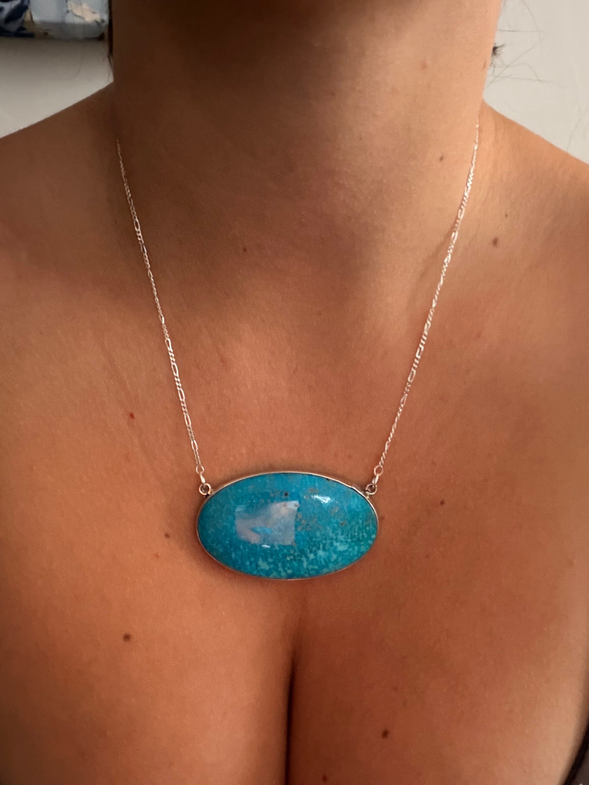 Navajo Made Kingman Turquoise & Sterling Silver Bar Necklace