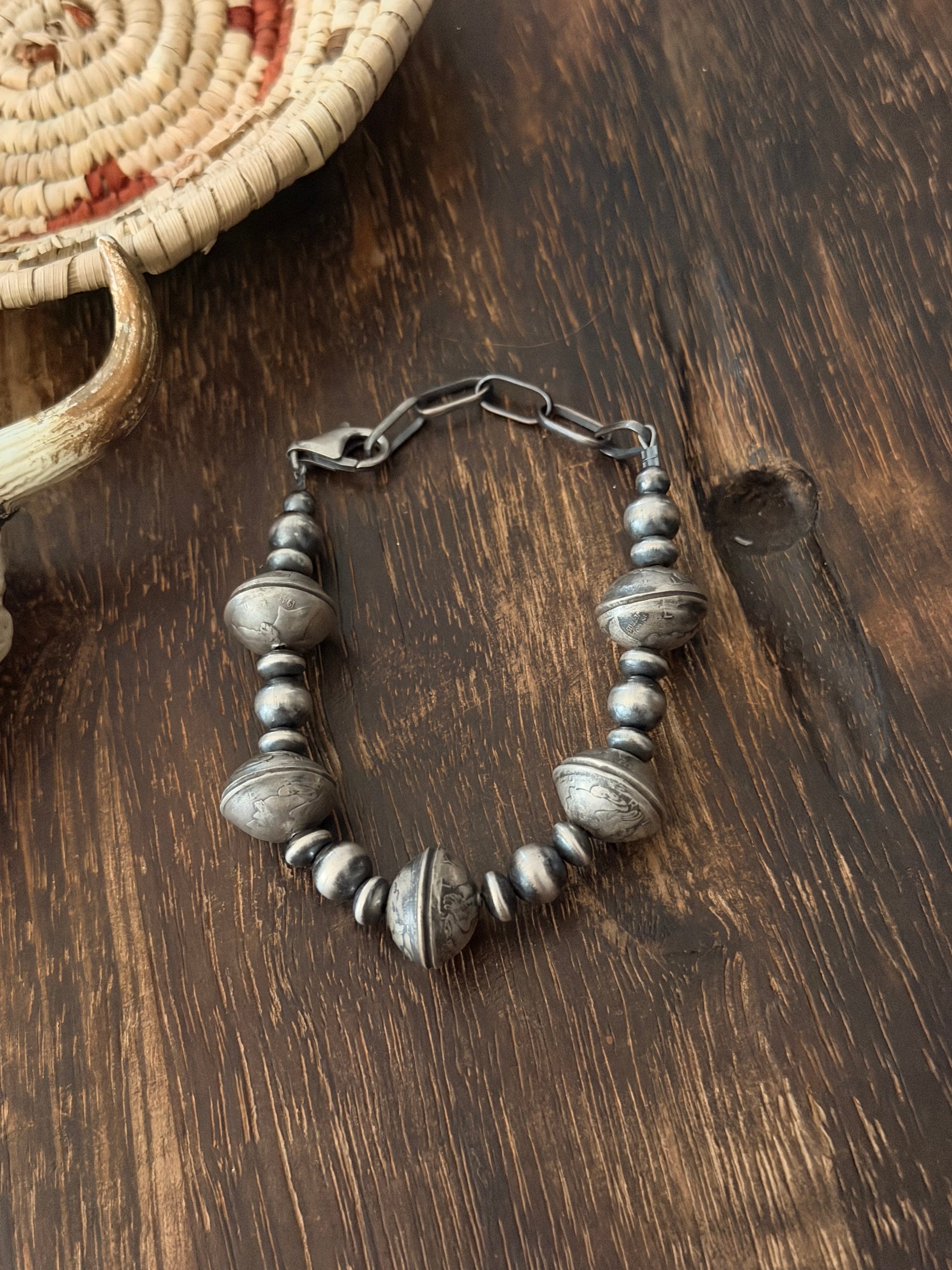 Navajo Strung Sterling Silver Liberty Dime Beaded Pearl Bracelet