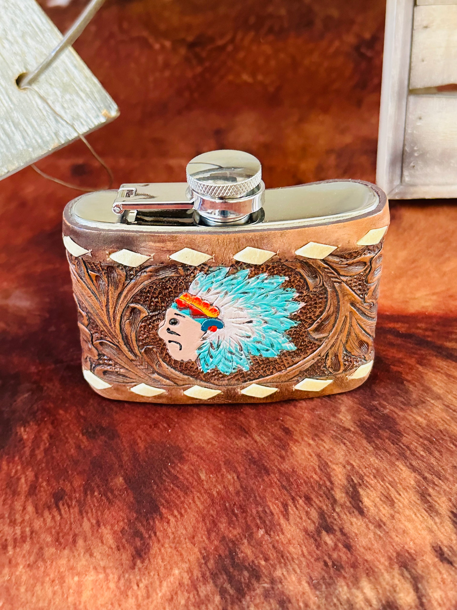 Genuine Tooled Leather 4 oz Flask
