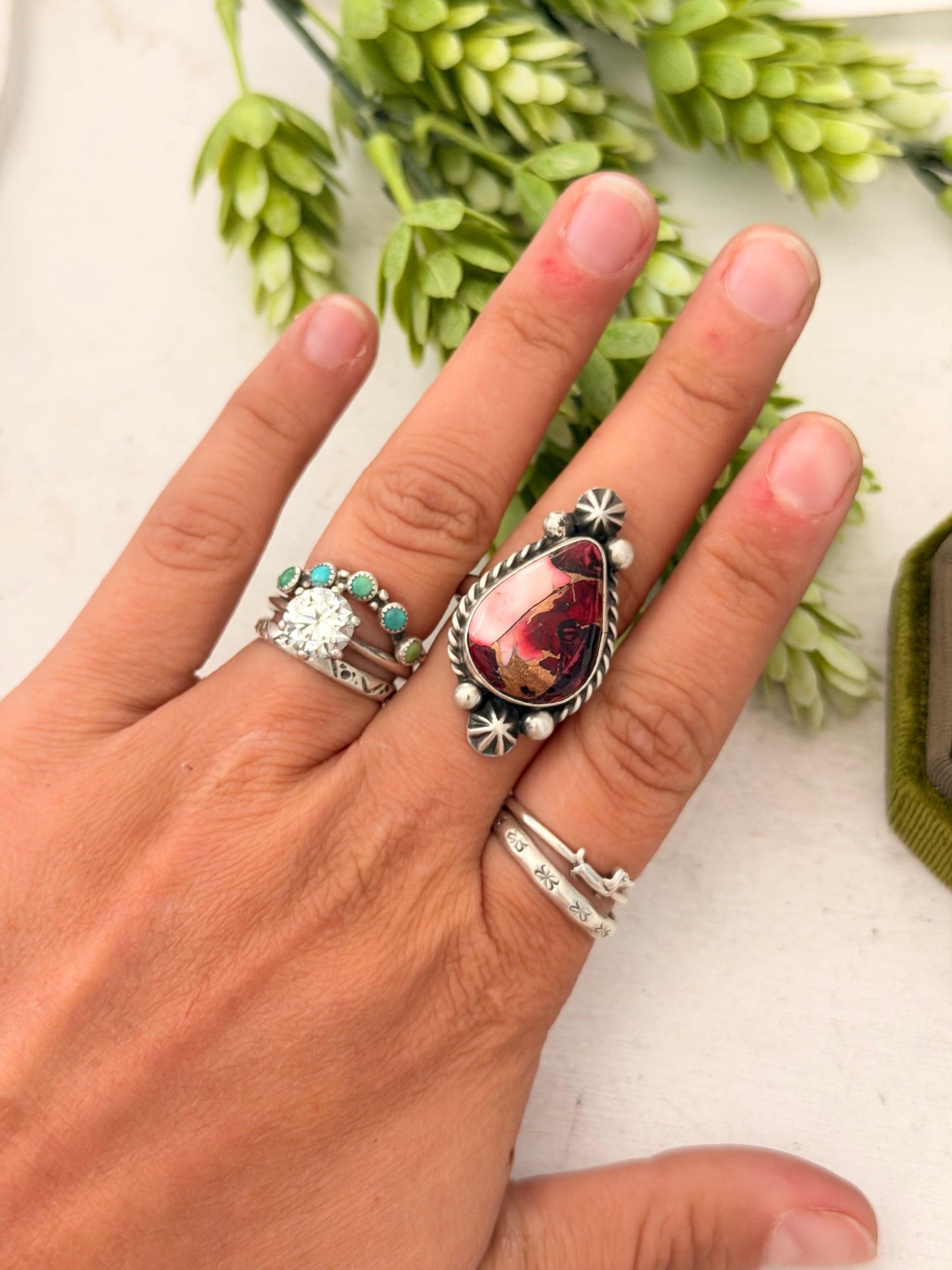 Johnny Dixon Rose Dahlia & Sterling Sliver Cluster Adjustable Ring