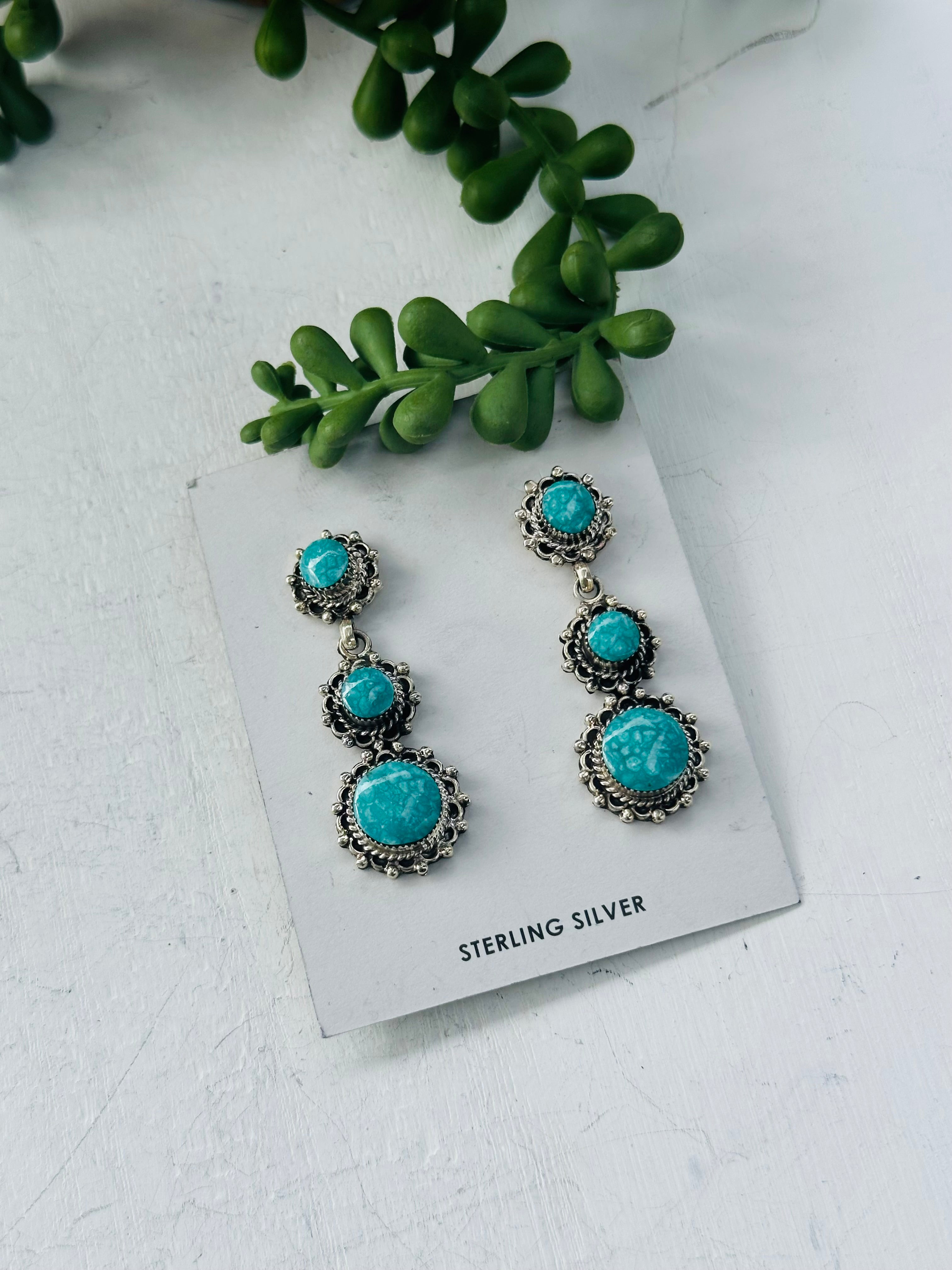 Evelon Platero Kingman Turquoise & Sterling Silver Post Dangle Earrings