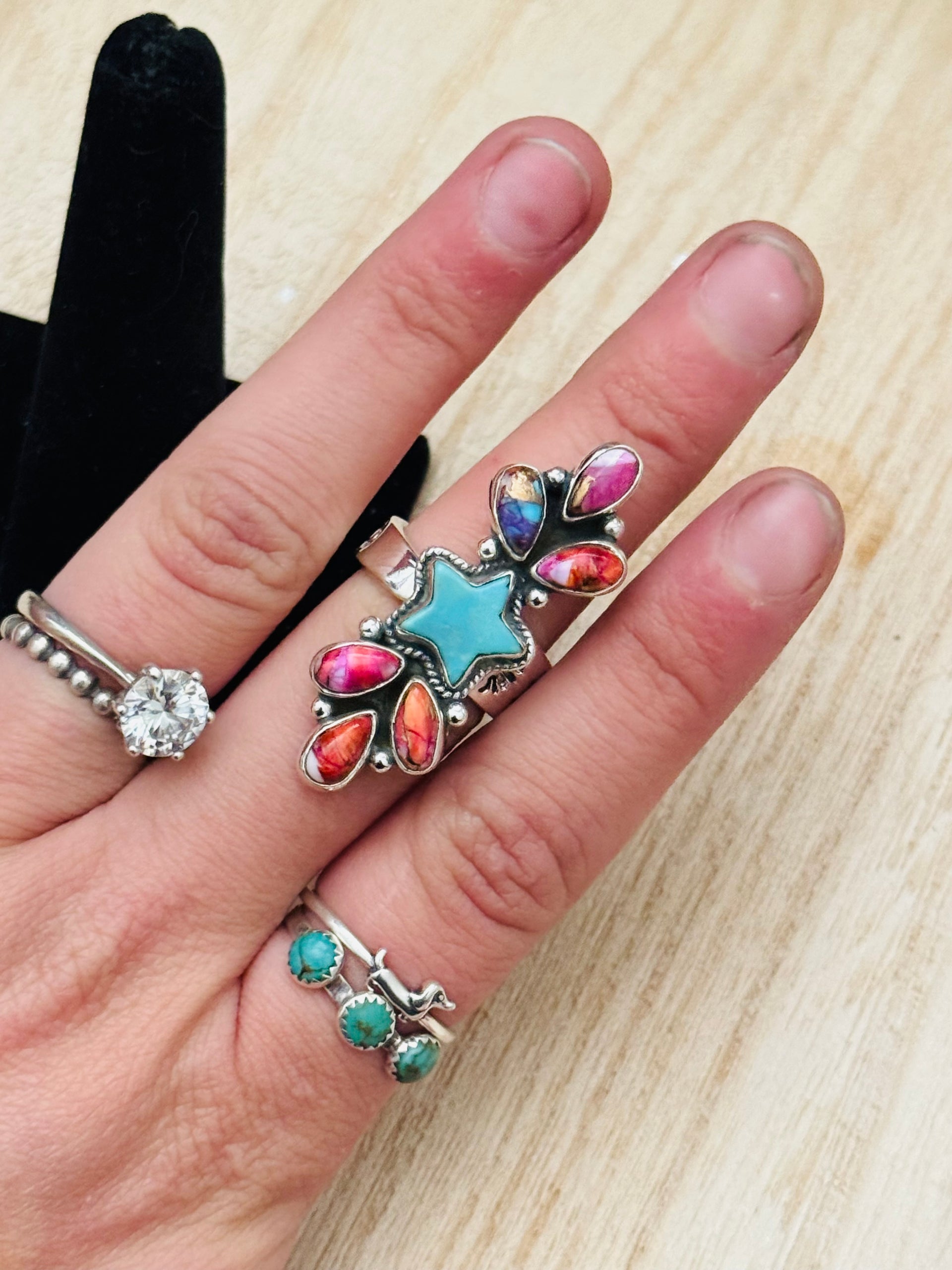 Southwest Handmade Multi Stone & Sterling Silver Adjustable Cluster Ring