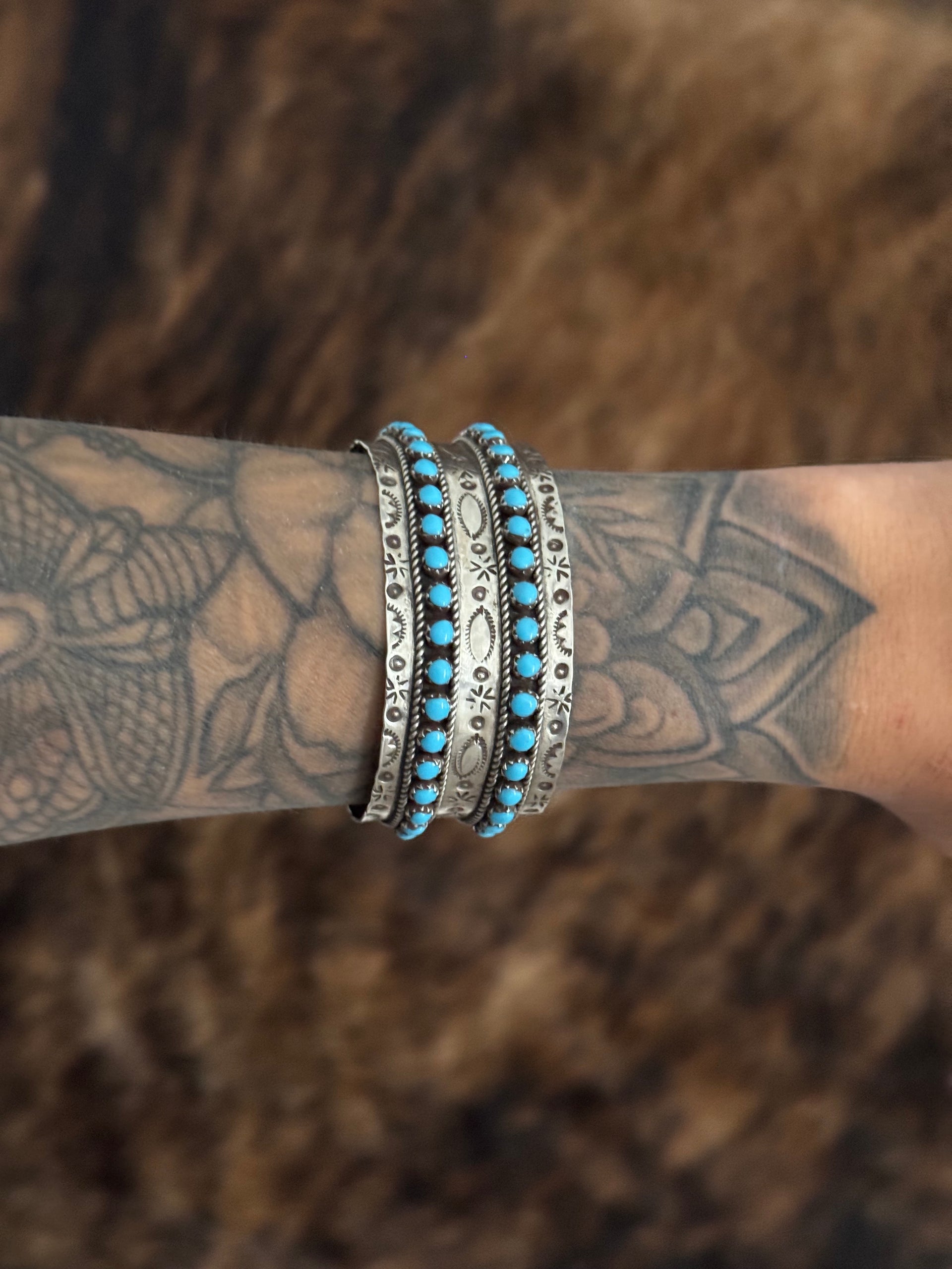 Zuni Made Kingman Turquoise & Sterling Silver Petite Cluster Cuff Bracelet