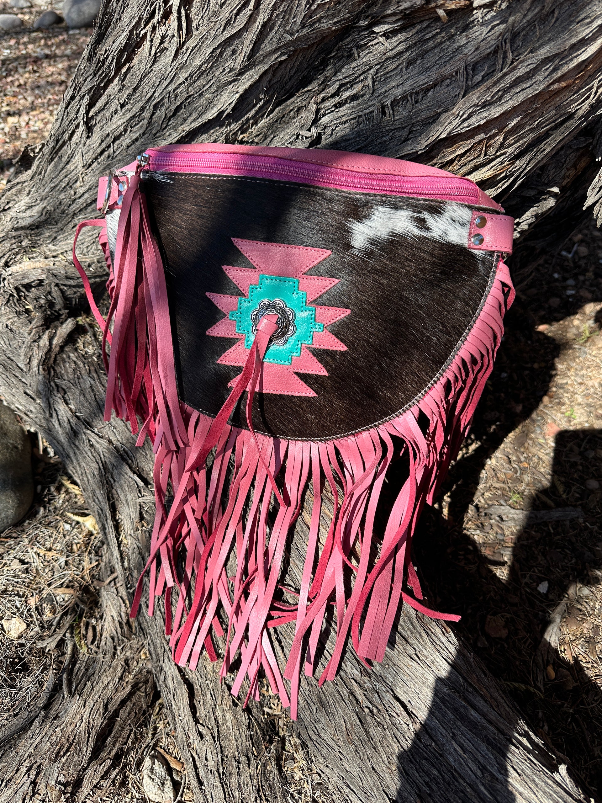 Genuine Tooled Leather & Cowhide Fringe Purse