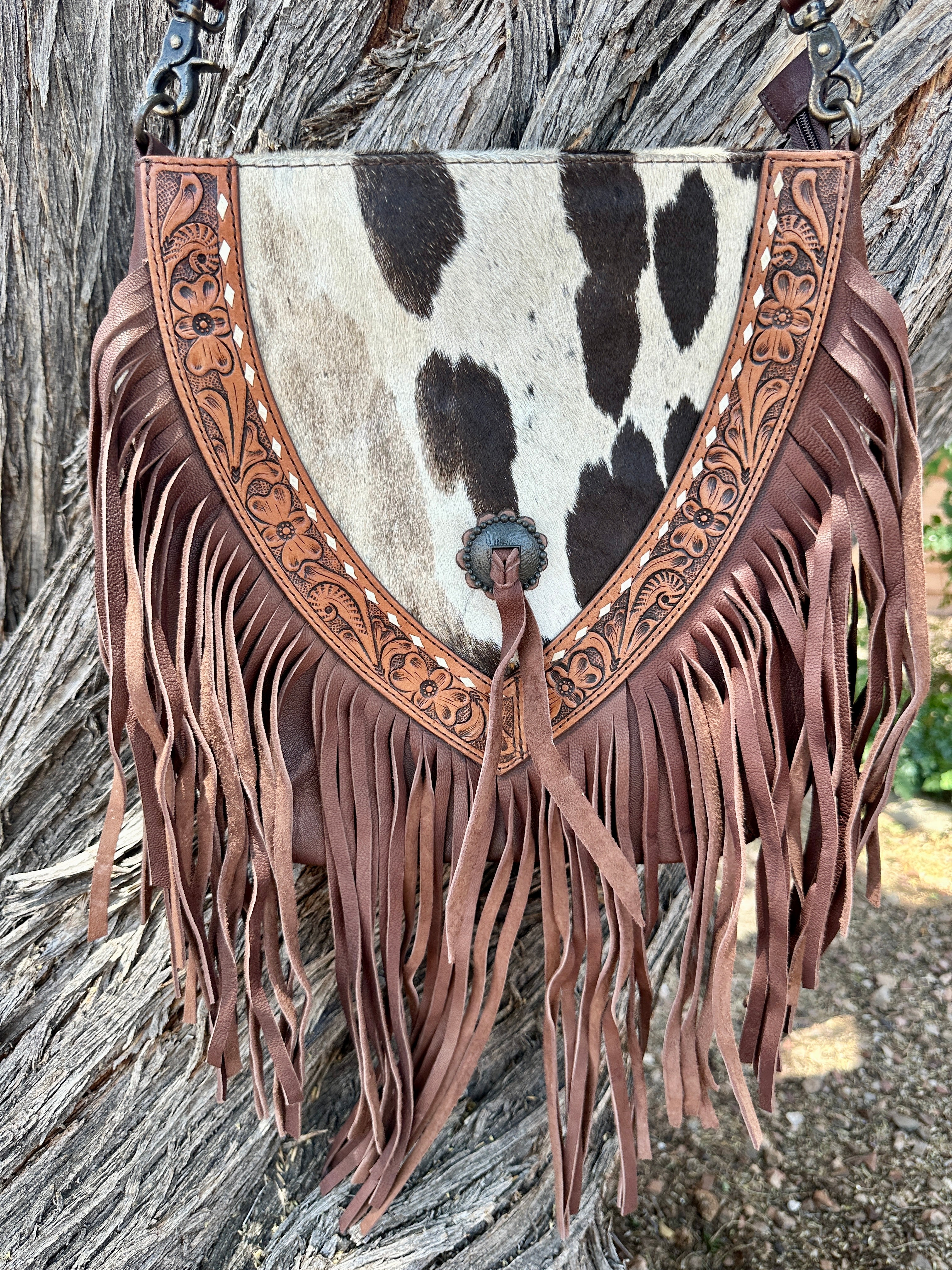 Genuine Tooled Leather & Cowhide Fringe Purse