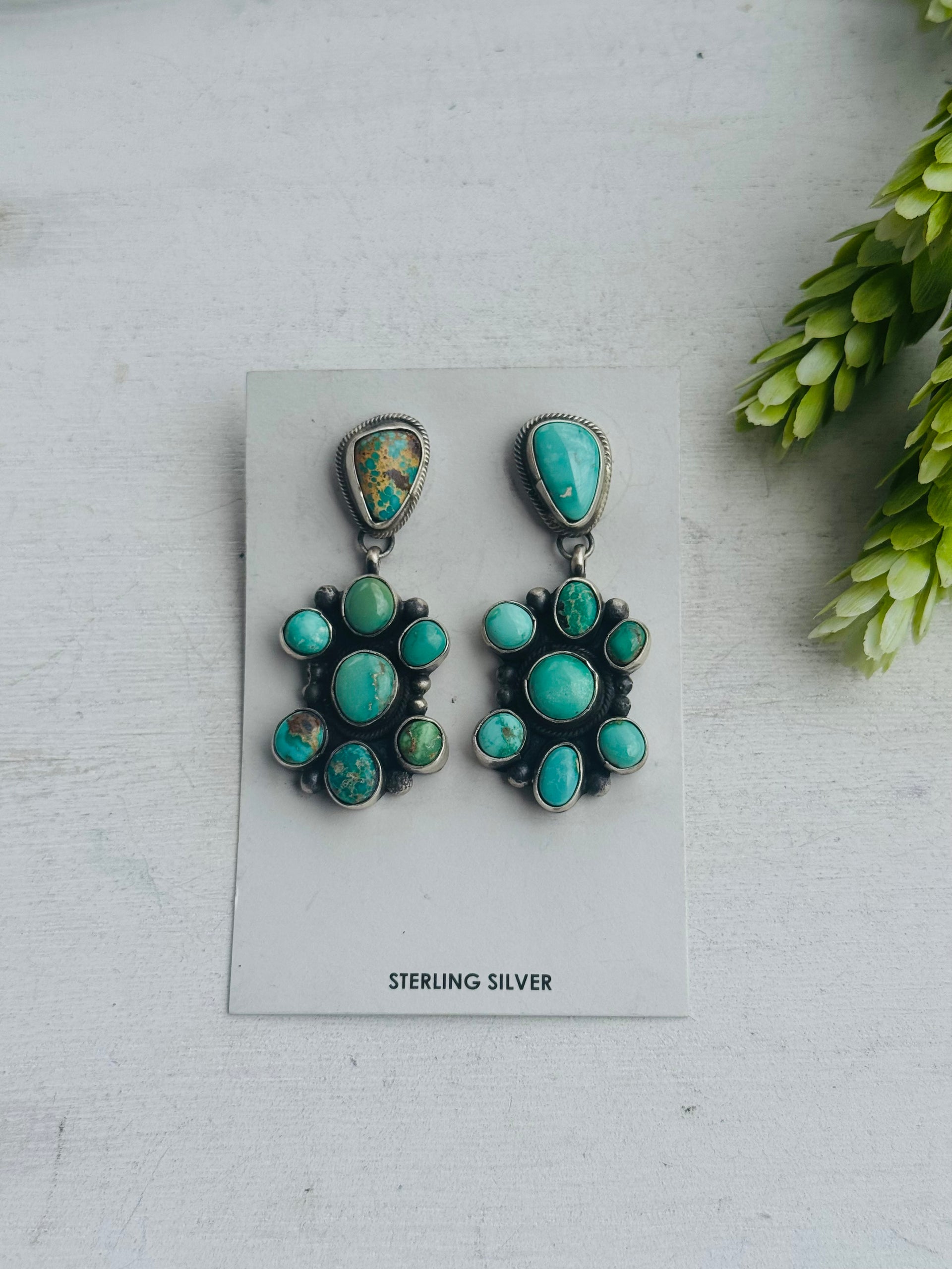 Sheila Becenti Royston Turquoise & Sterling Silver Post Dangle Cluster Earrings