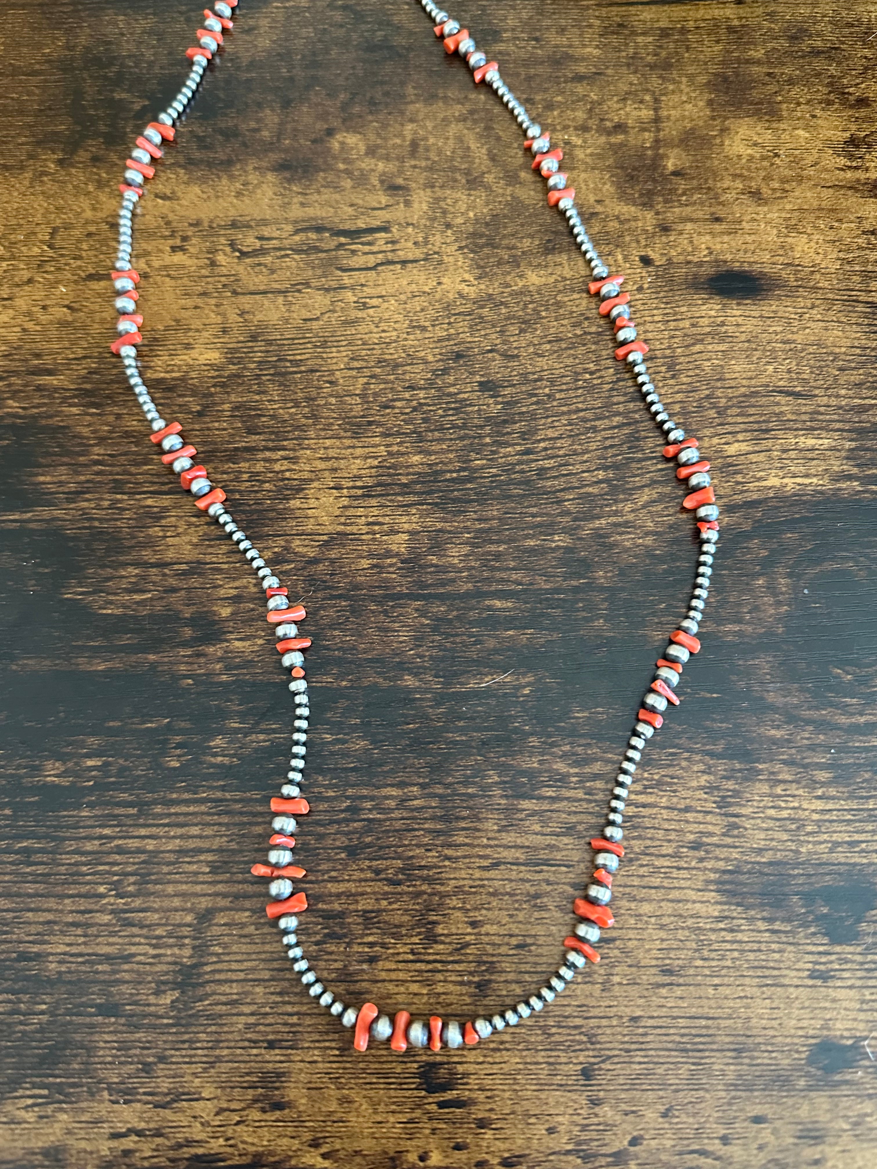 Navajo Strung Red Coral & Sterling Silver Graduated Pearls Beaded Necklace
