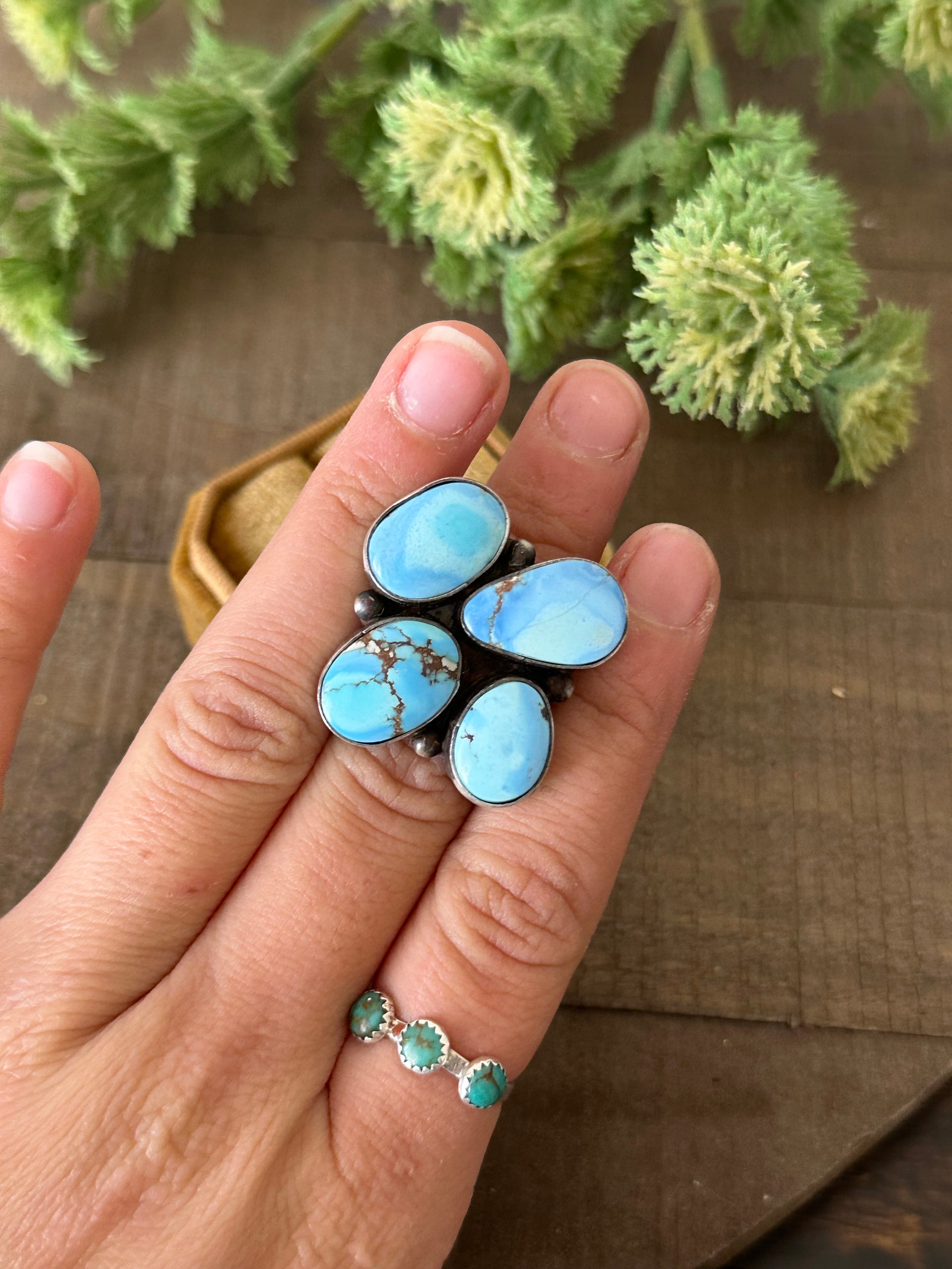 Navajo Made Golden Hills Turquoise & Sterling Silver Cluster Ring Size 5.75