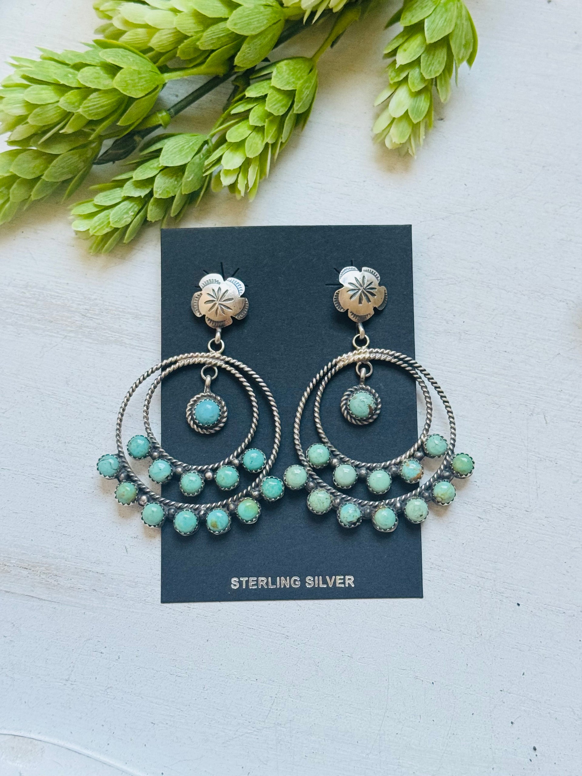 Navajo Made Kingman Turquoise & Sterling Silver Post Dangle Earrings