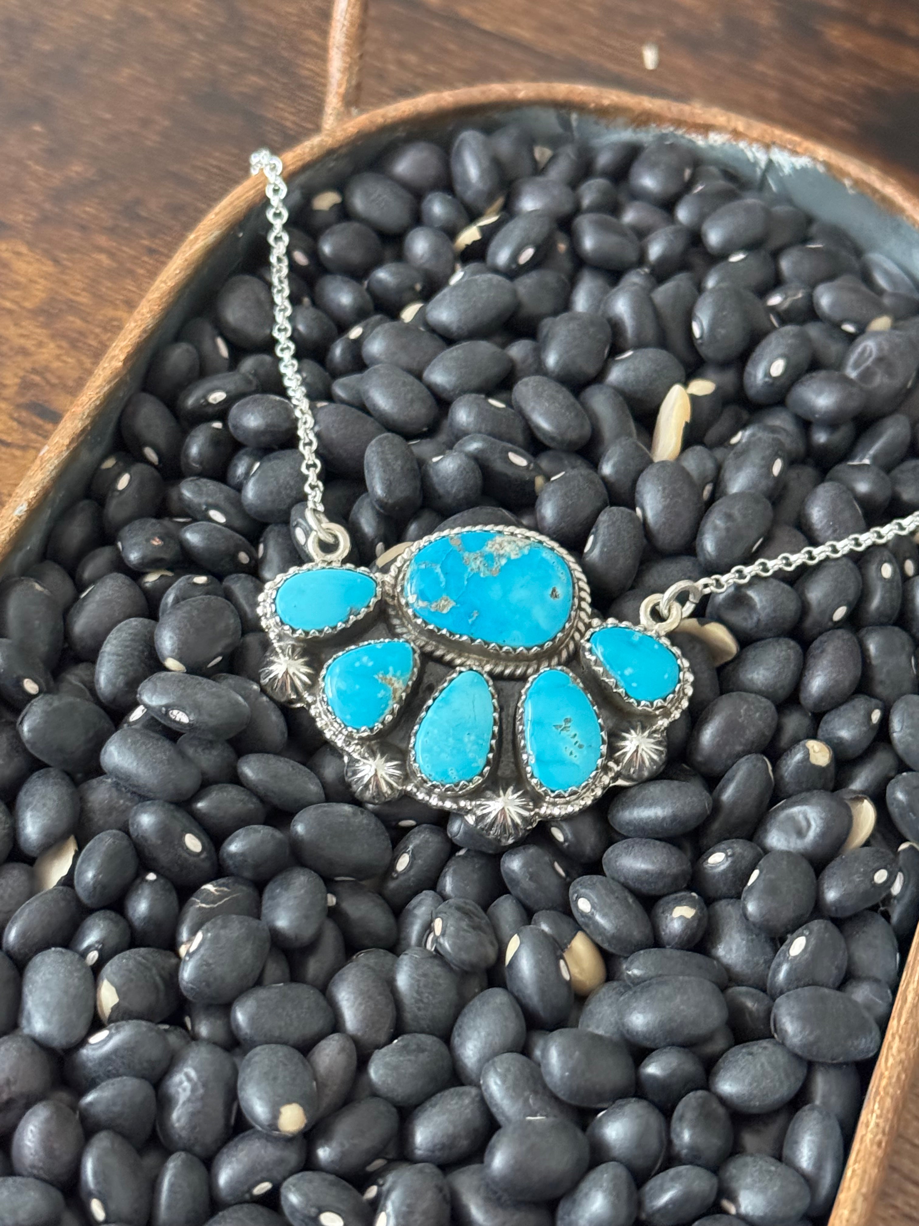 Southwest Valley Blue Turquoise & Sterling Silver Cluster Necklace