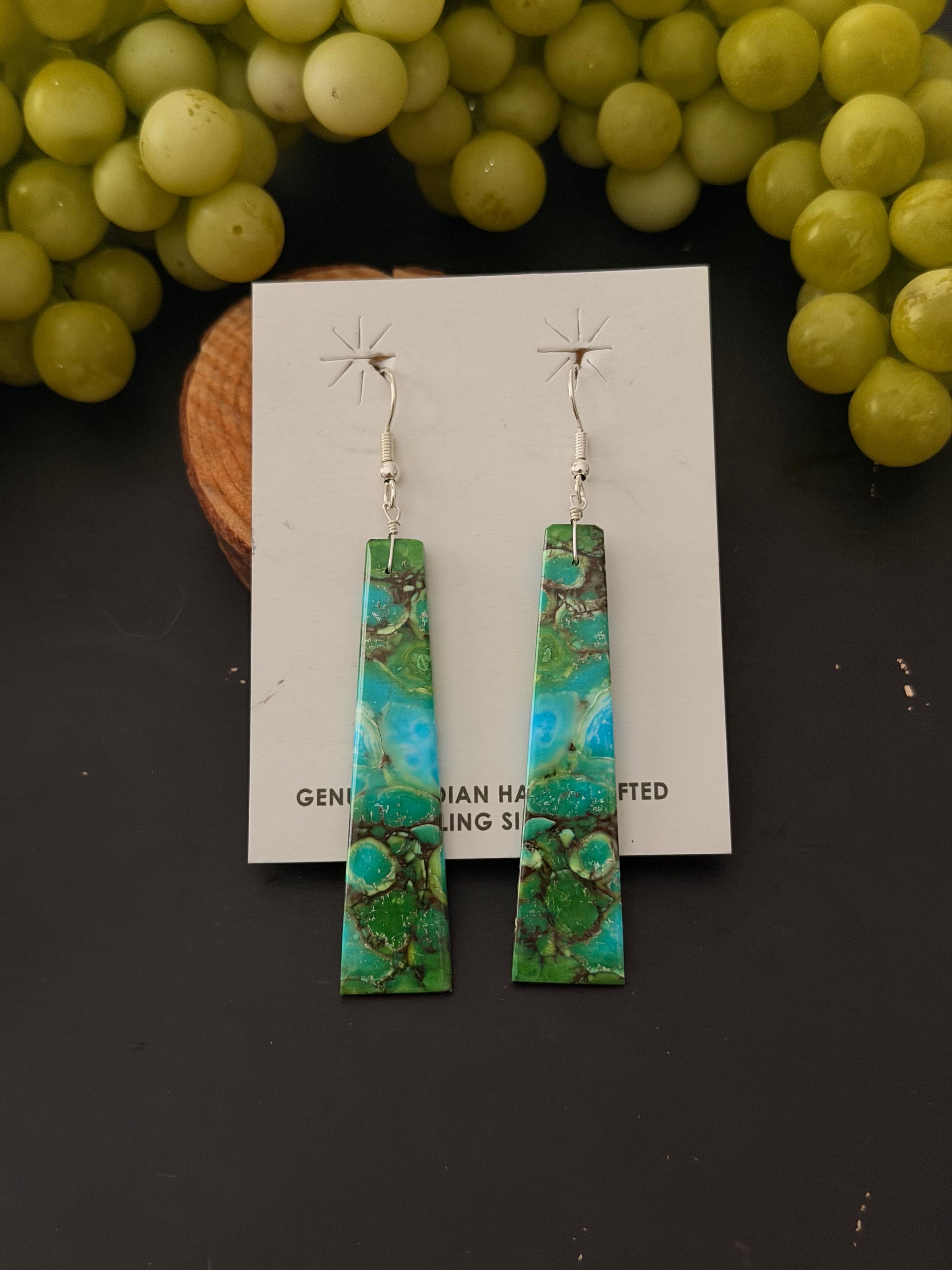 Navajo Made Green Mohave Turquoise & Sterling Silver Slab Dangle Earrings