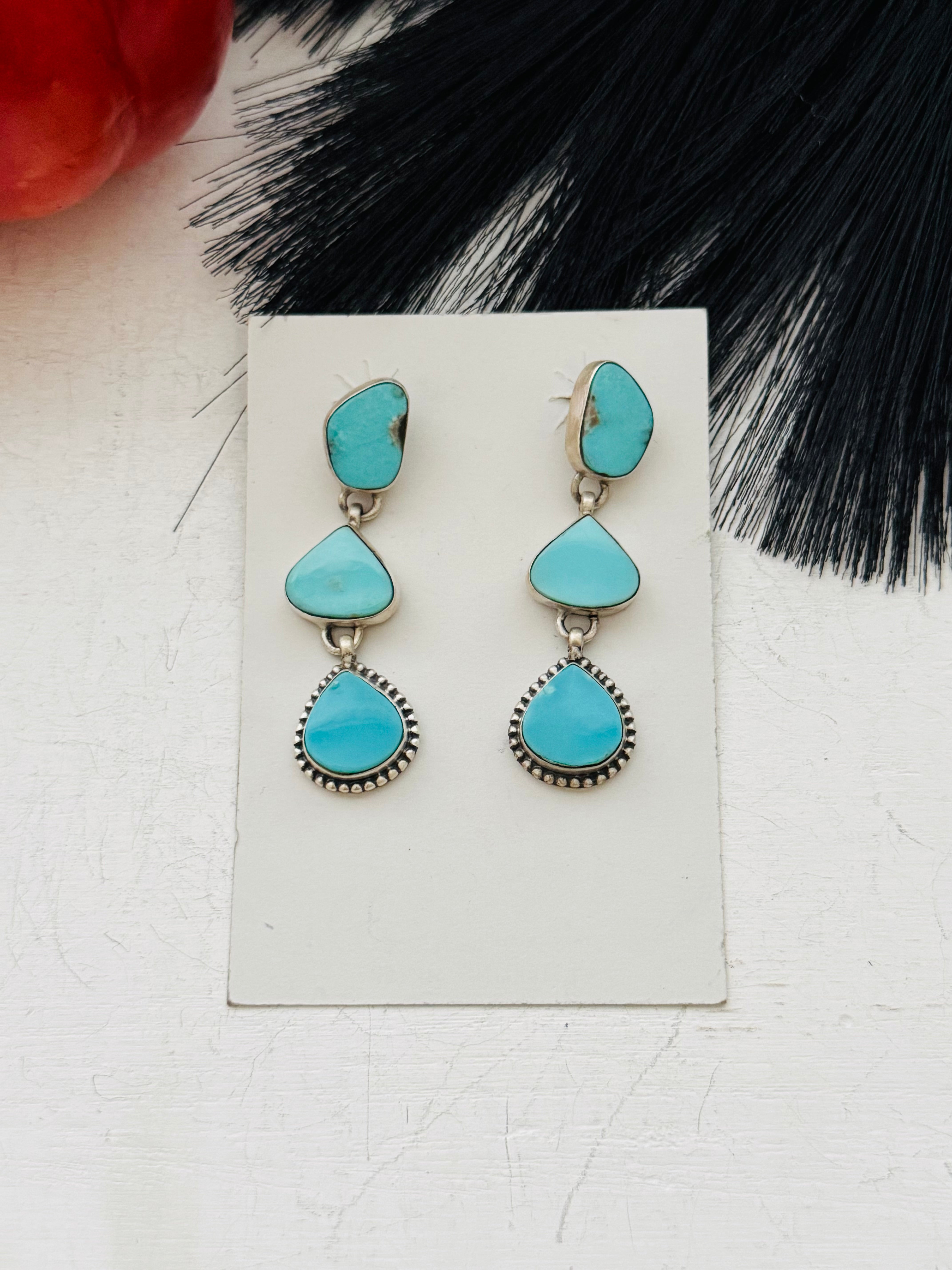 Southwest Handmade Kingman Turquoise & Sterling Silver Post Dangle Earrings