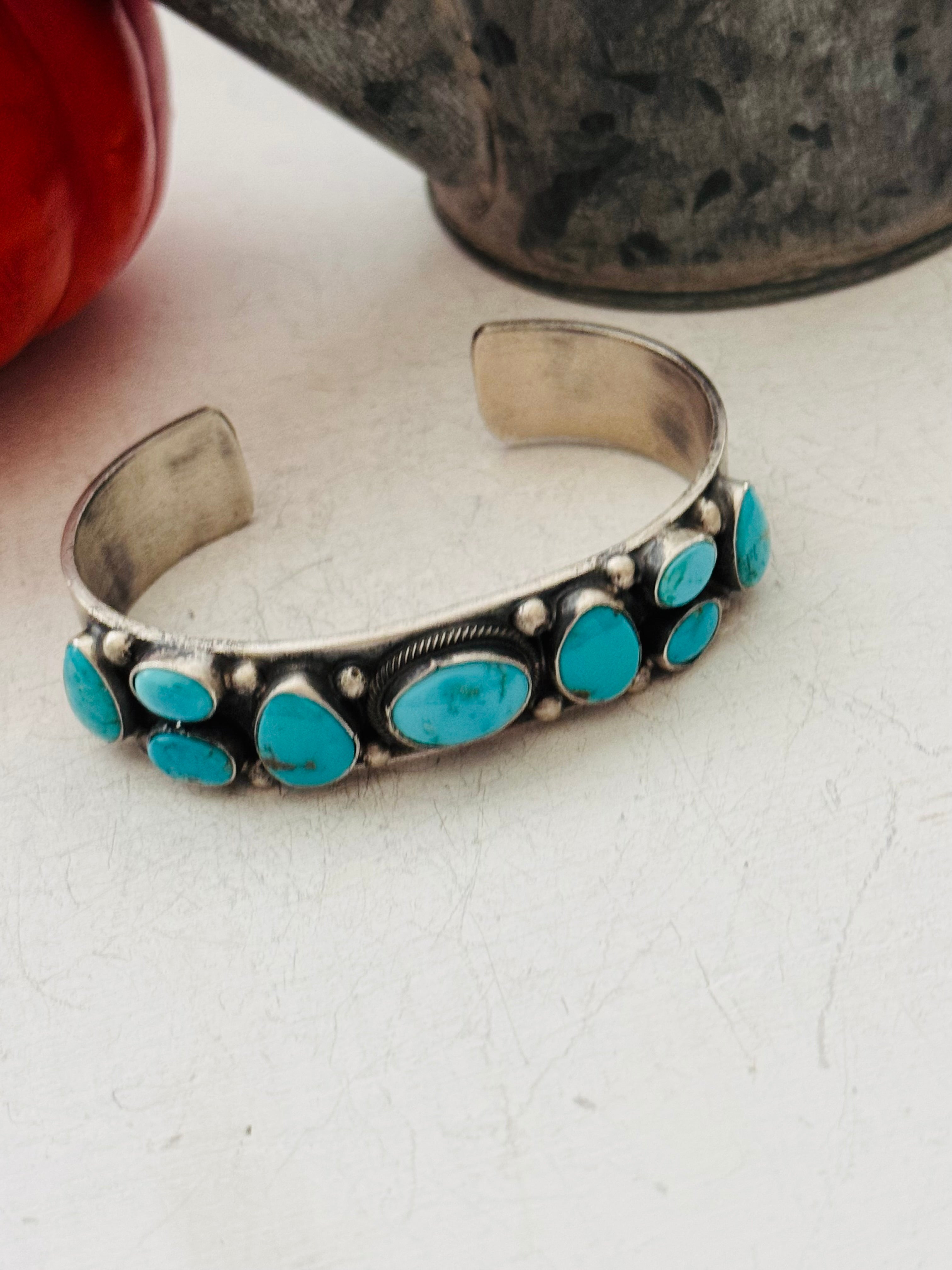 Bobby Johnson Kingman Turquoise & Sterling Silver Cluster Cuff Bracelet