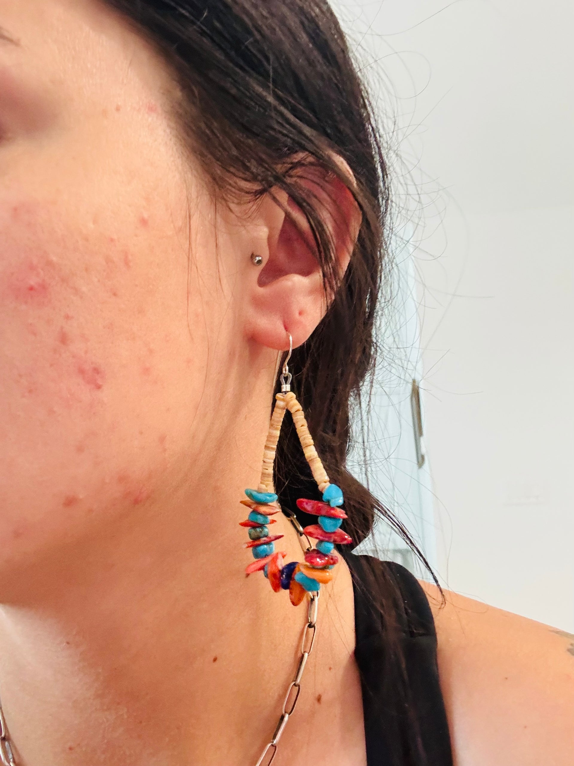 Southwest Strung Multi Stone & Sterling Silver Beaded Dangle Earrings