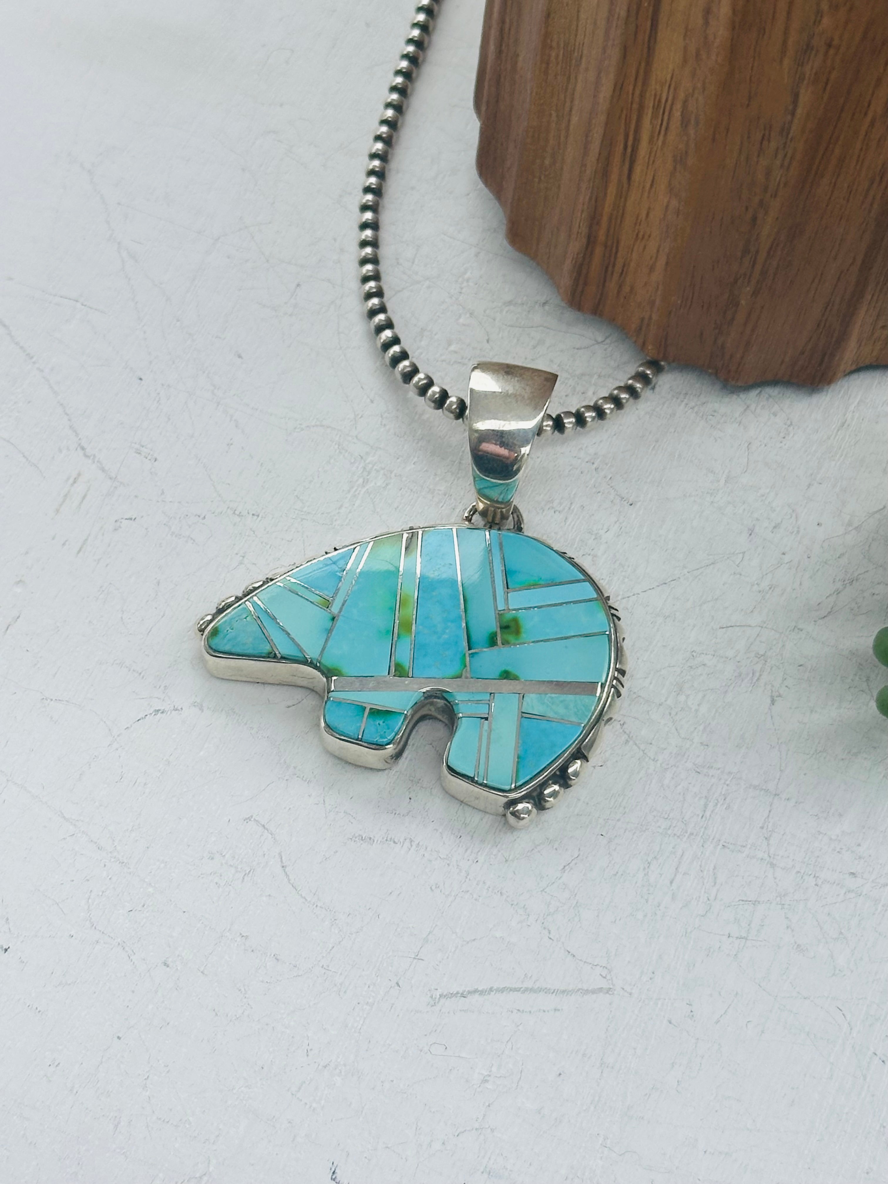 Navajo Made Sonoran Mountain Turquoise & Sterling Silver Inlay Bear Pendant