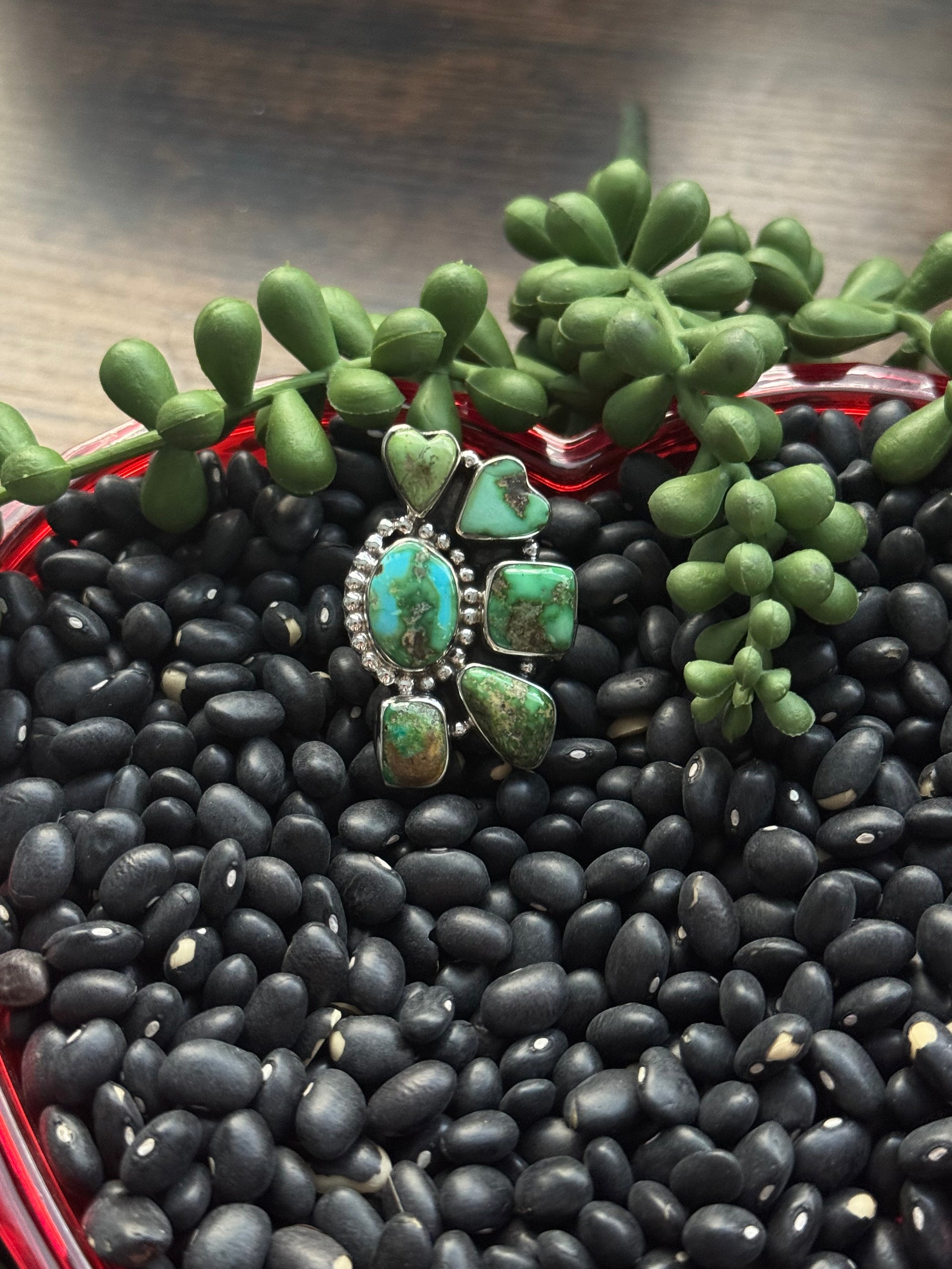 Southwest Handmade Sonoran Mountain Turquoise & Sterling Silver Adjustable Cluster Ring