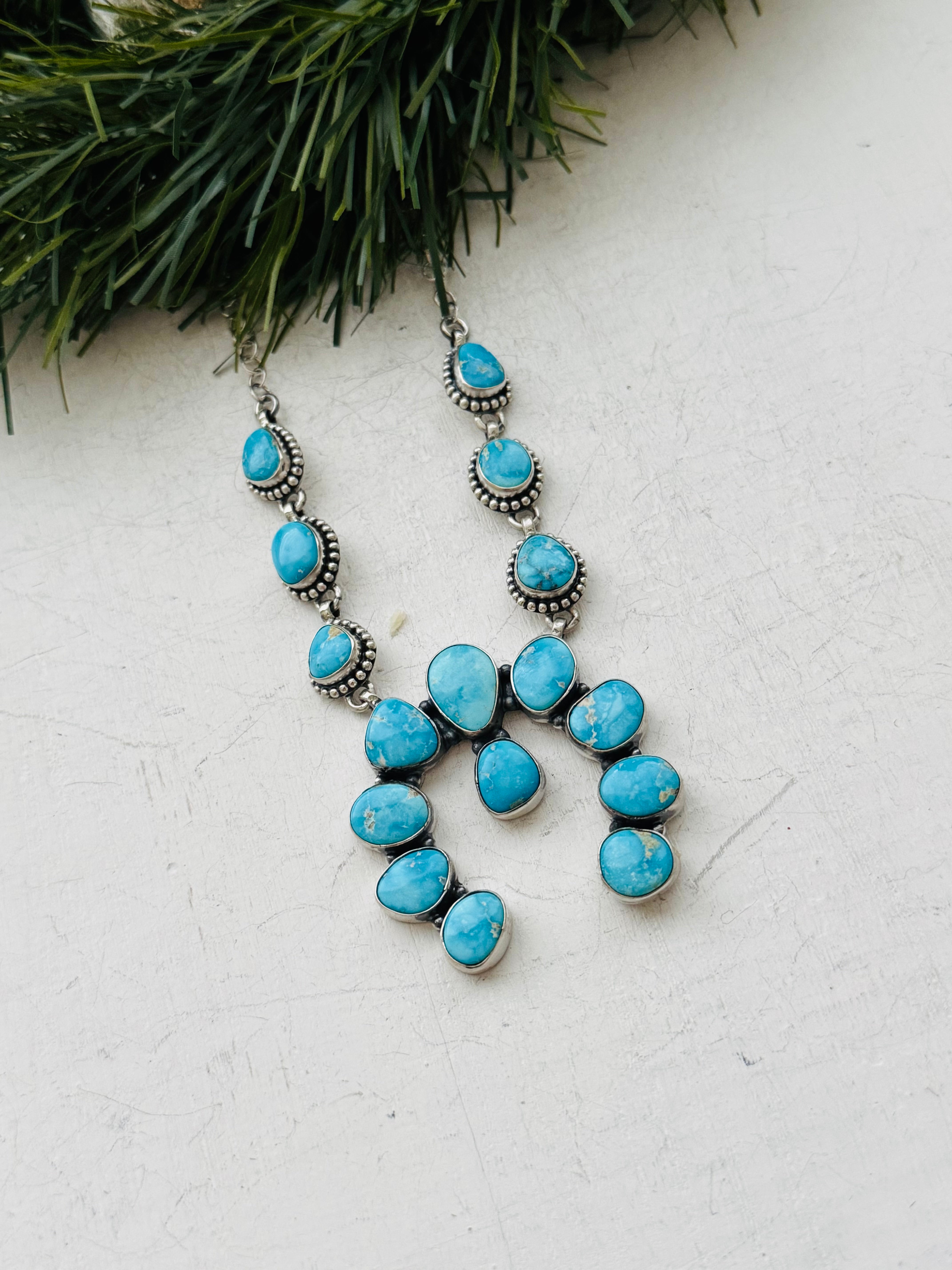 TTD Valley Blue Turquoise & Sterling Silver Squash Naja Necklace