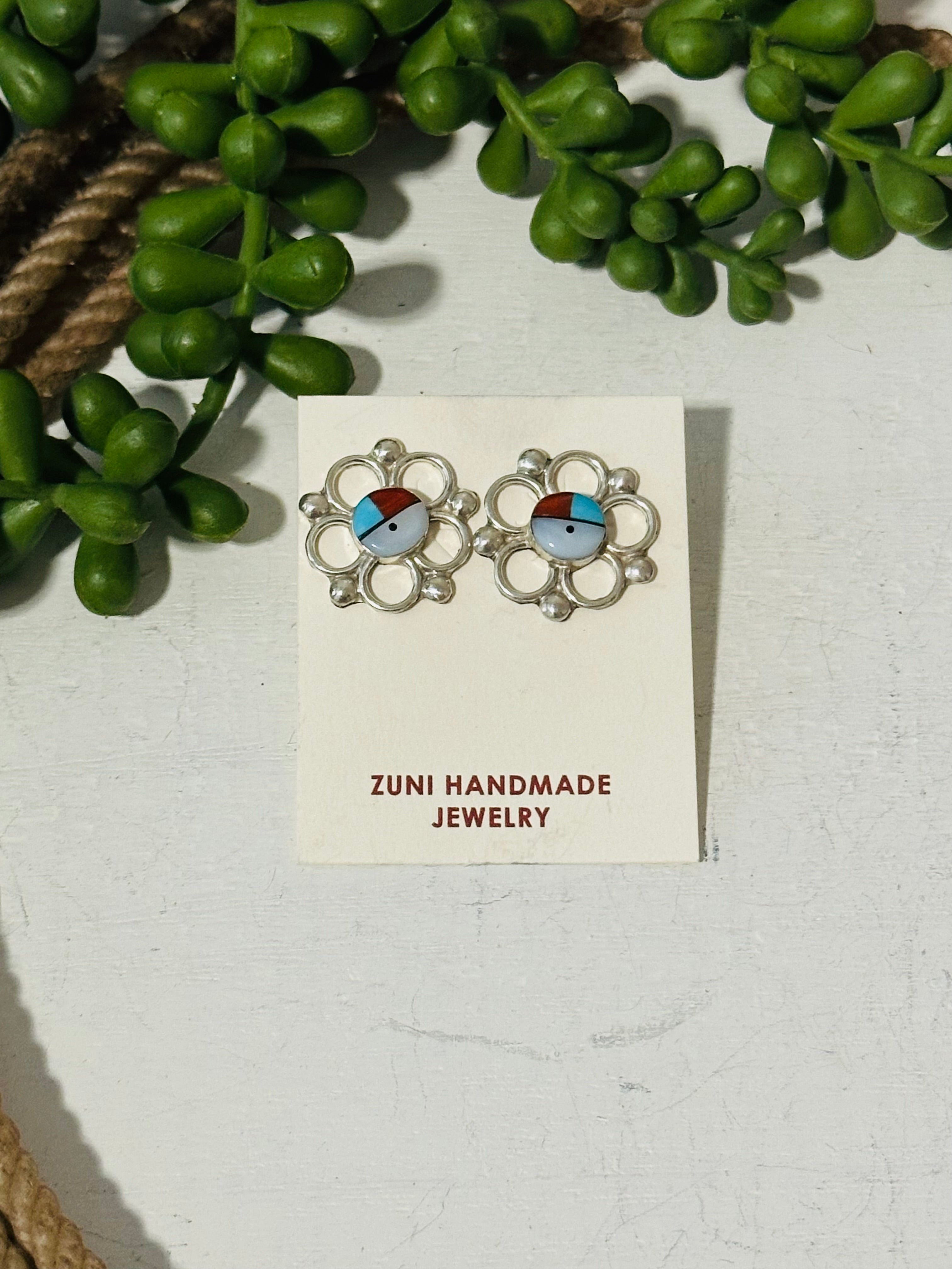 Zuni Made Multi Stone & Sterling Silver Inlay Post Sunface Earrings