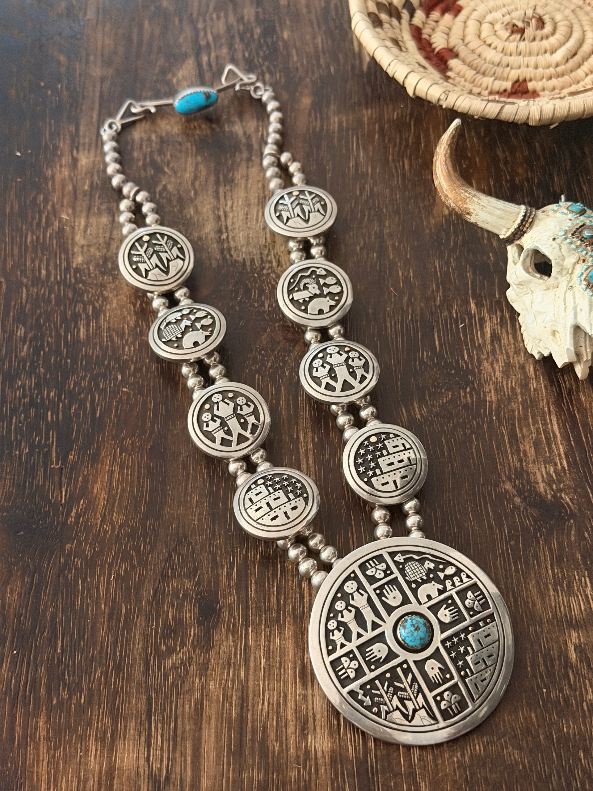 Old Pawn Navajo Made Kingman Turquoise & Sterling Silver Squash Necklace