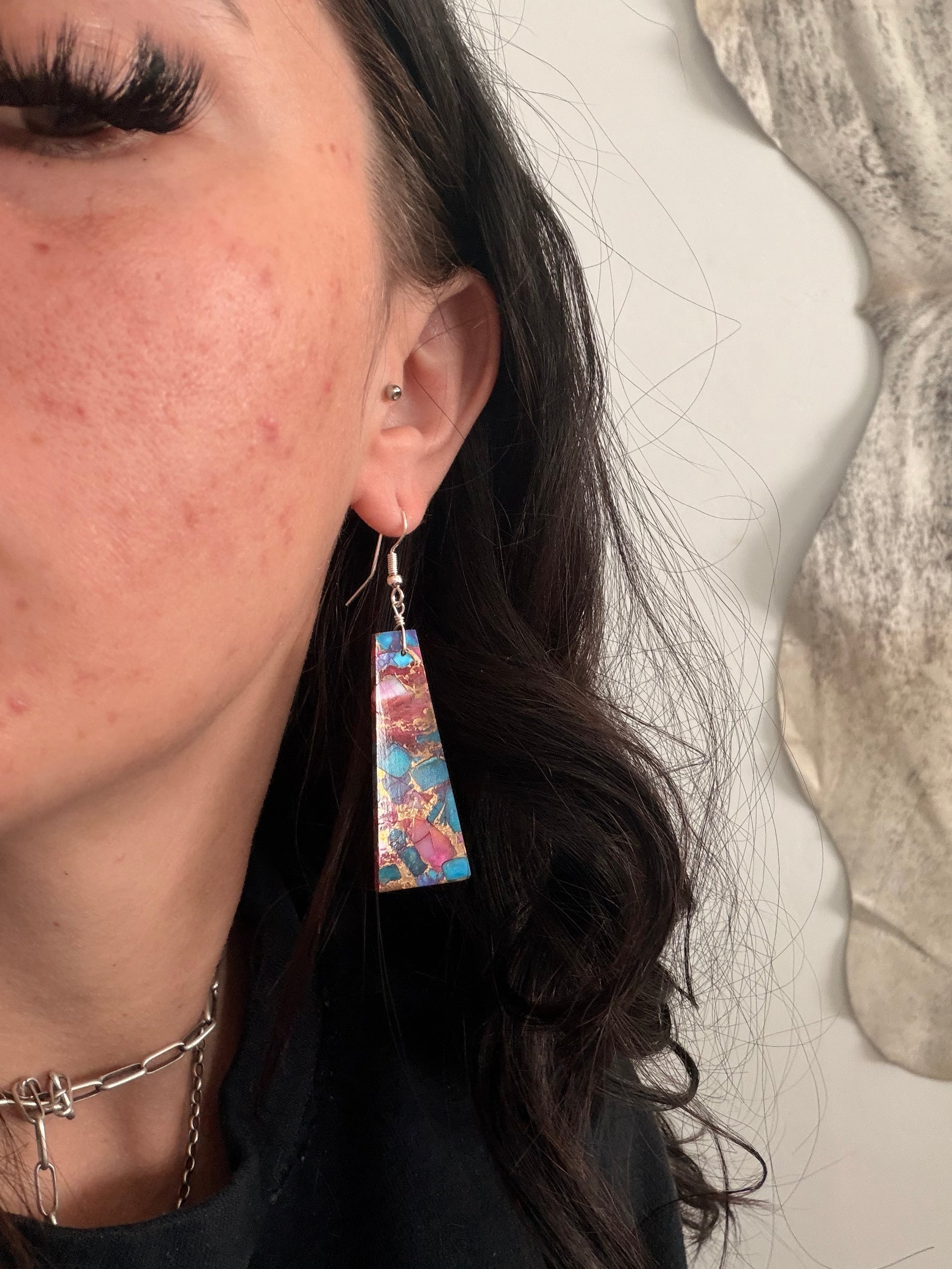 Navajo Made Purple/Pink Mohave Turquoise & Sterling Silver Slab Dangle Earrings