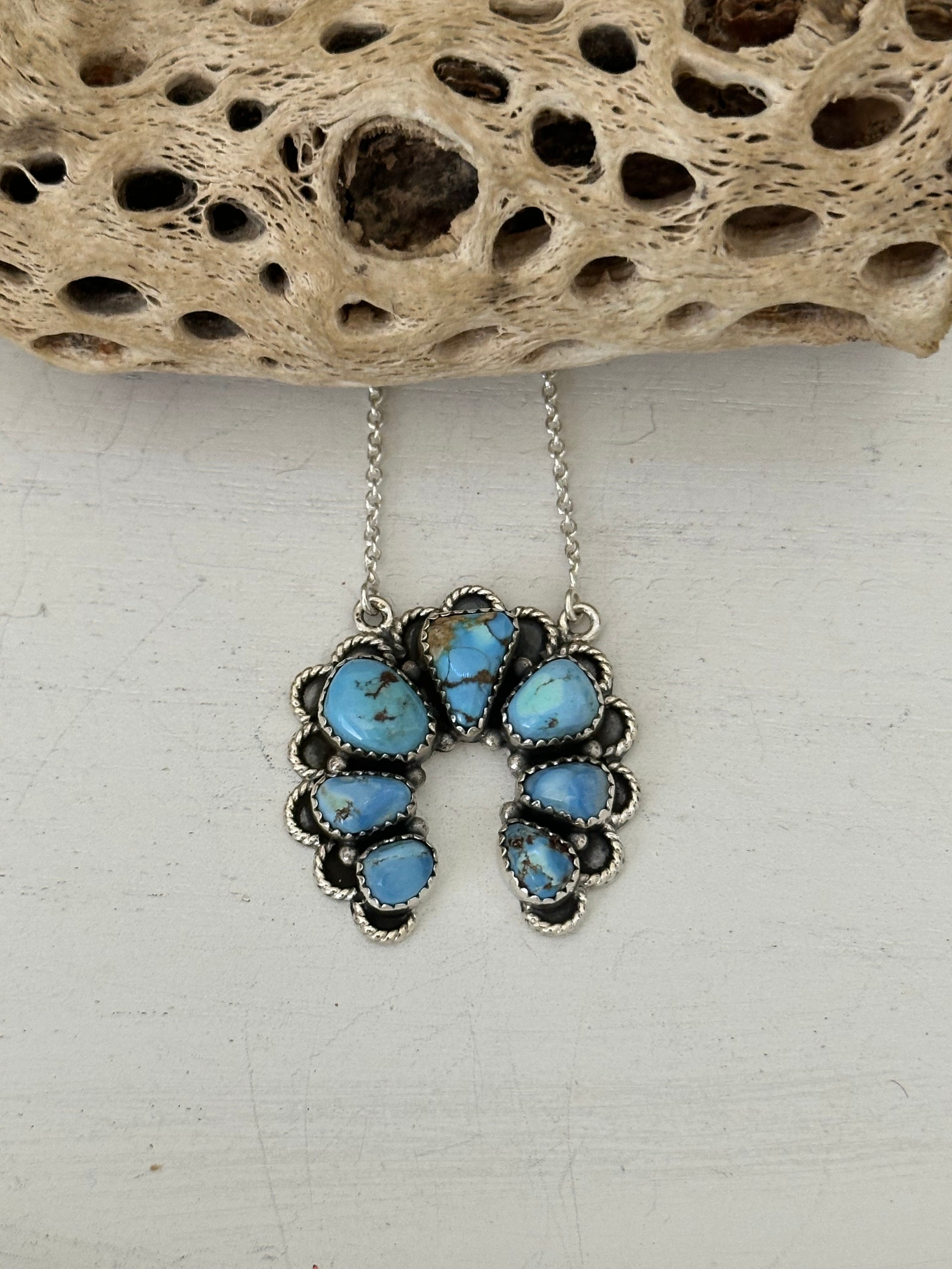 Southwest Handmade Golden Hills Turquoise & Sterling Silver Cluster Naja Necklace