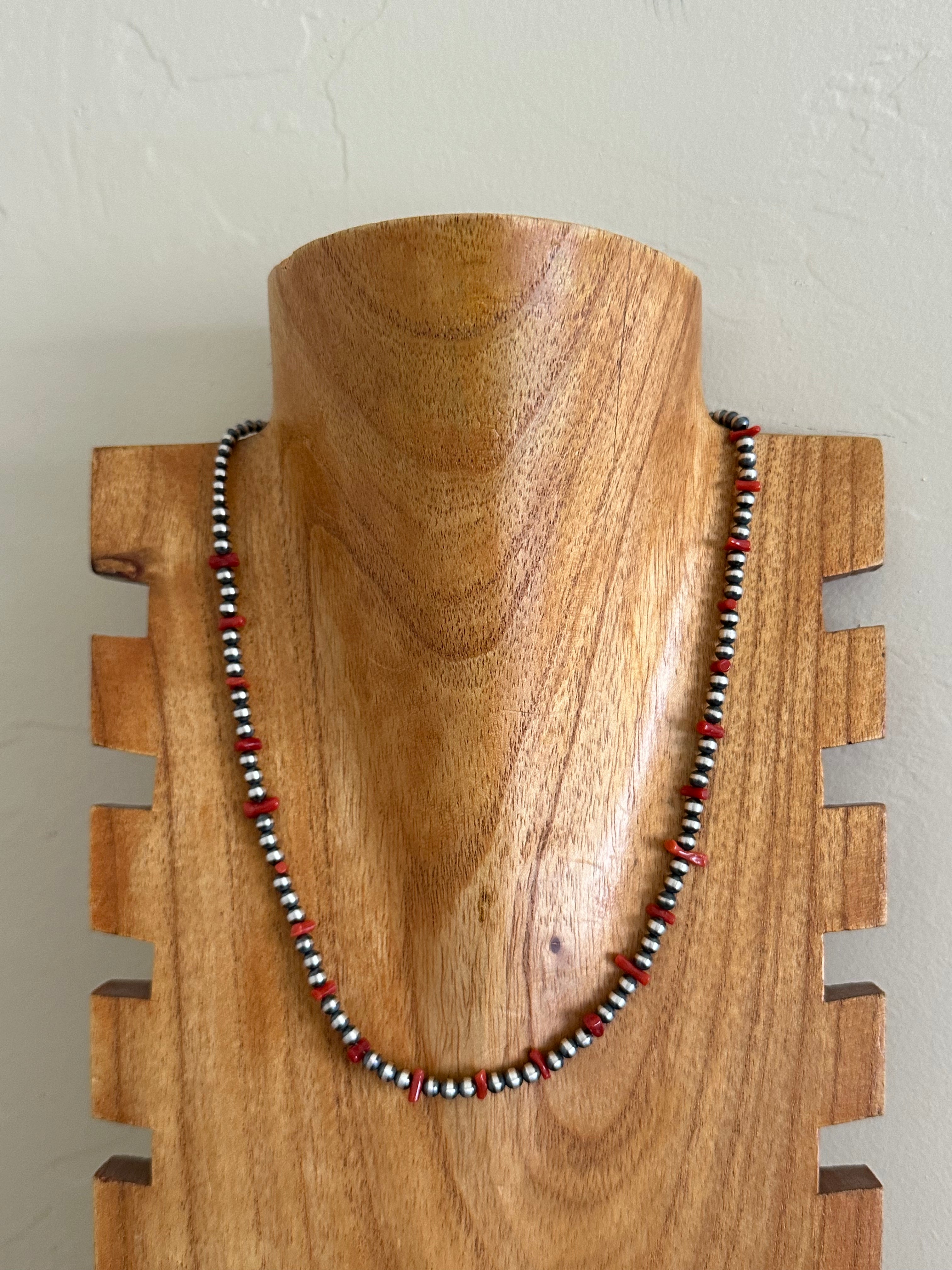 Navajo Strung Red Coral & Sterling Silver Graduated Pearls Beaded Necklace