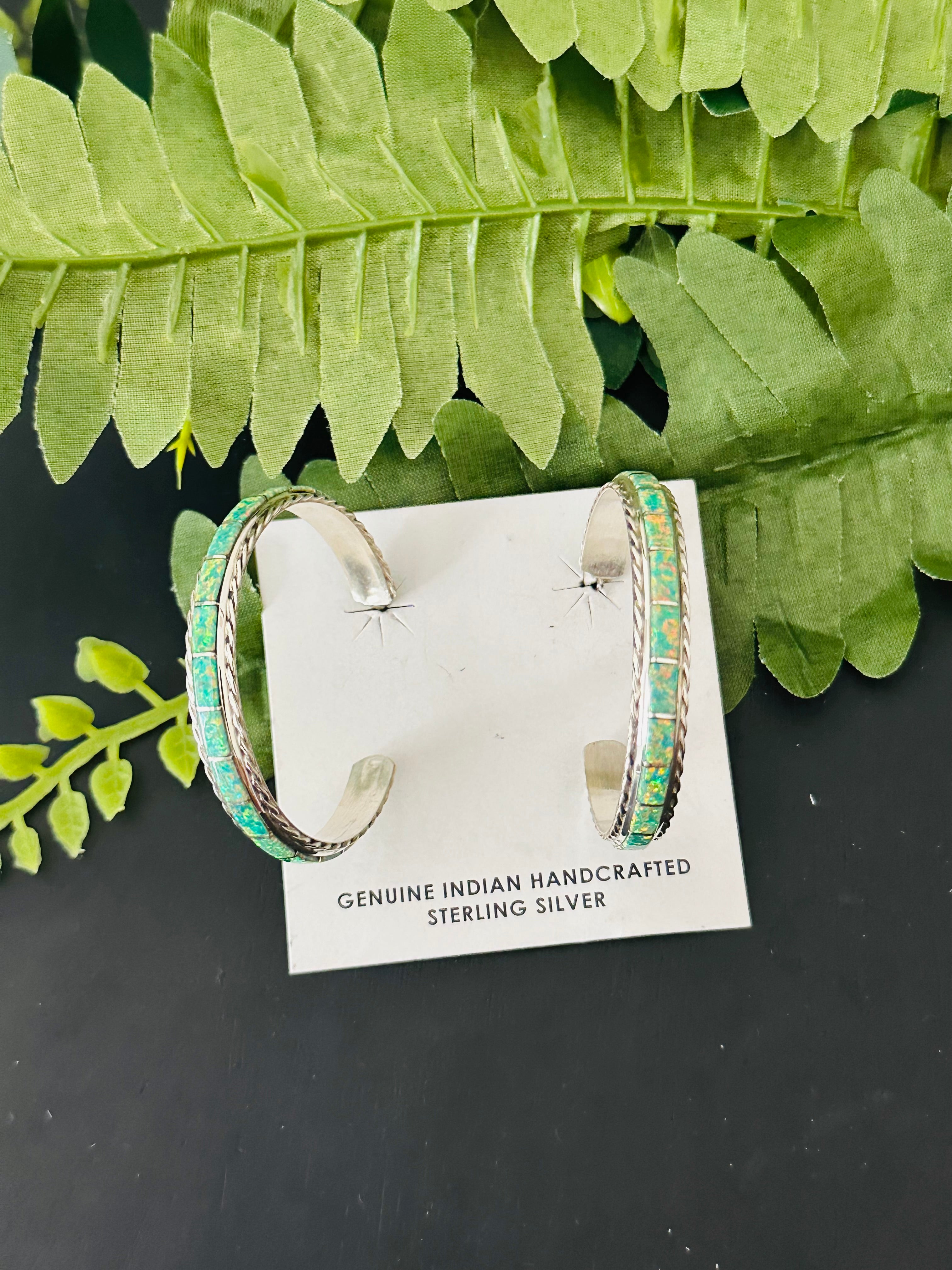 Navajo Made Opal & Sterling Silver Hoop Earrings