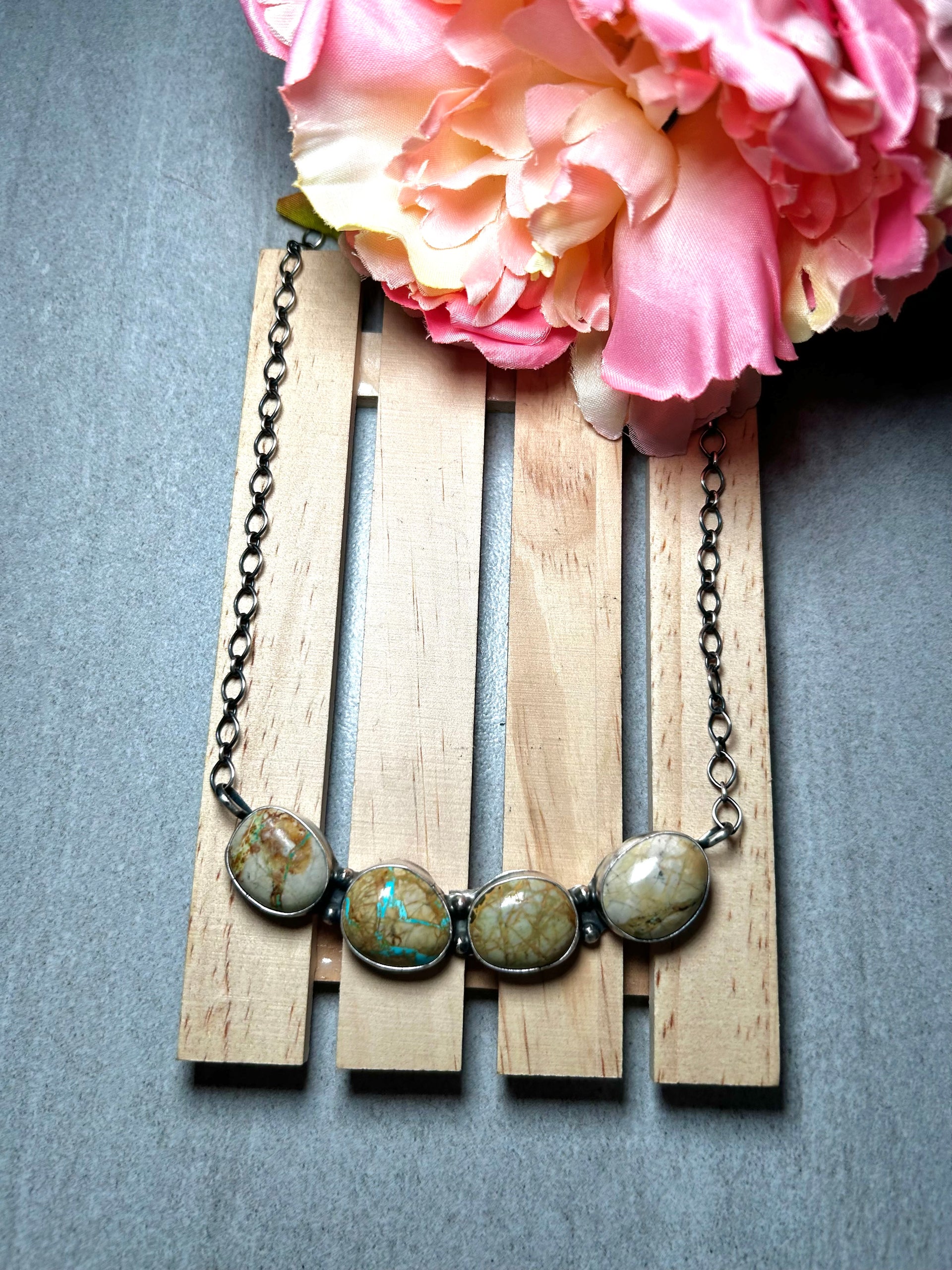 Navajo Made Boulder Turquoise & Sterling Silver Cluster Necklace