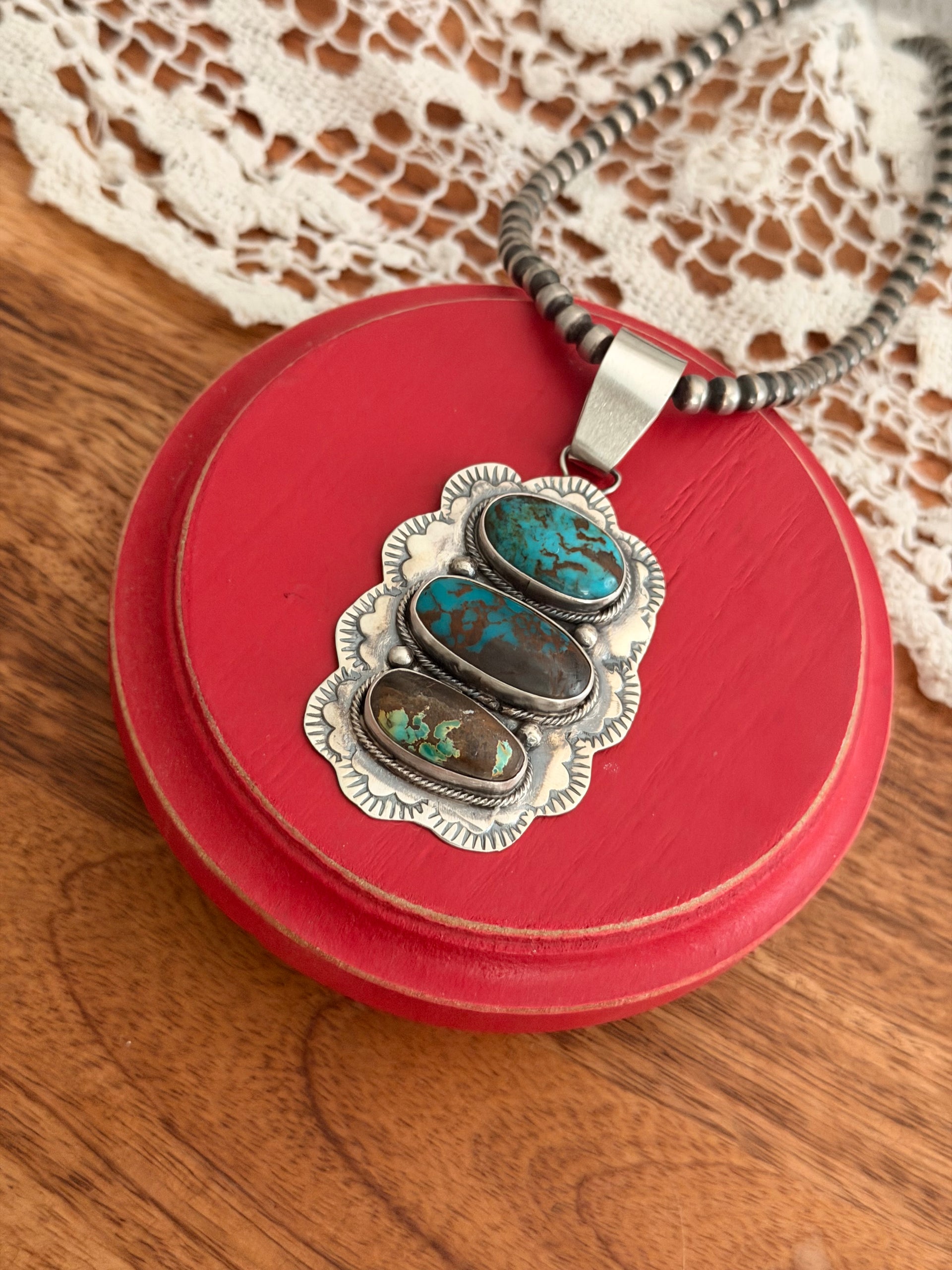 Navajo Made Mixed Turquoise & Sterling Silver Cluster Pendant