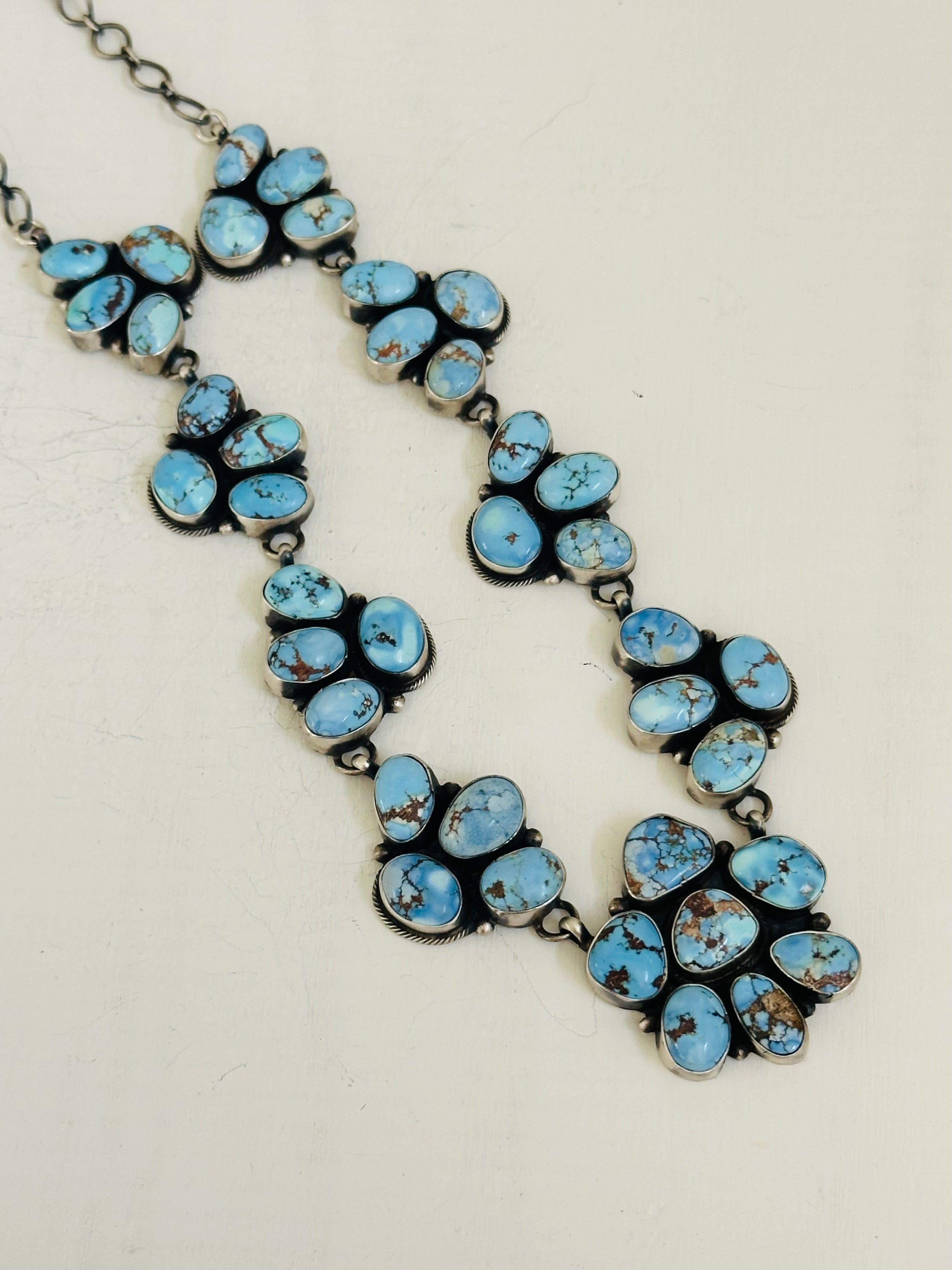 Navajo Made Golden Hills Turquoise & Sterling Silver Cluster Necklace Set