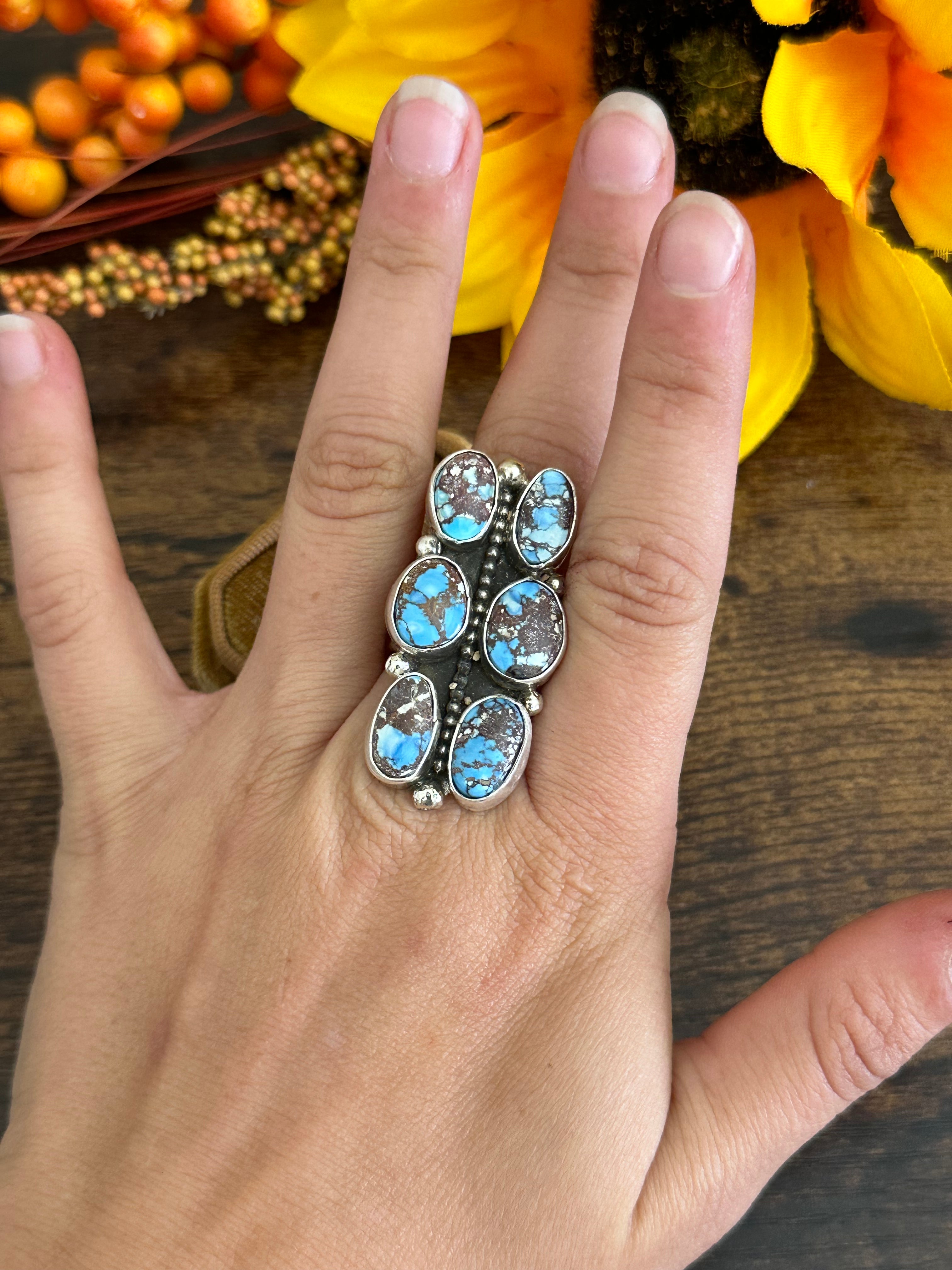 Navajo Made Golden Hills Turquoise & Sterling Silver Cluster Ring Size 7.25