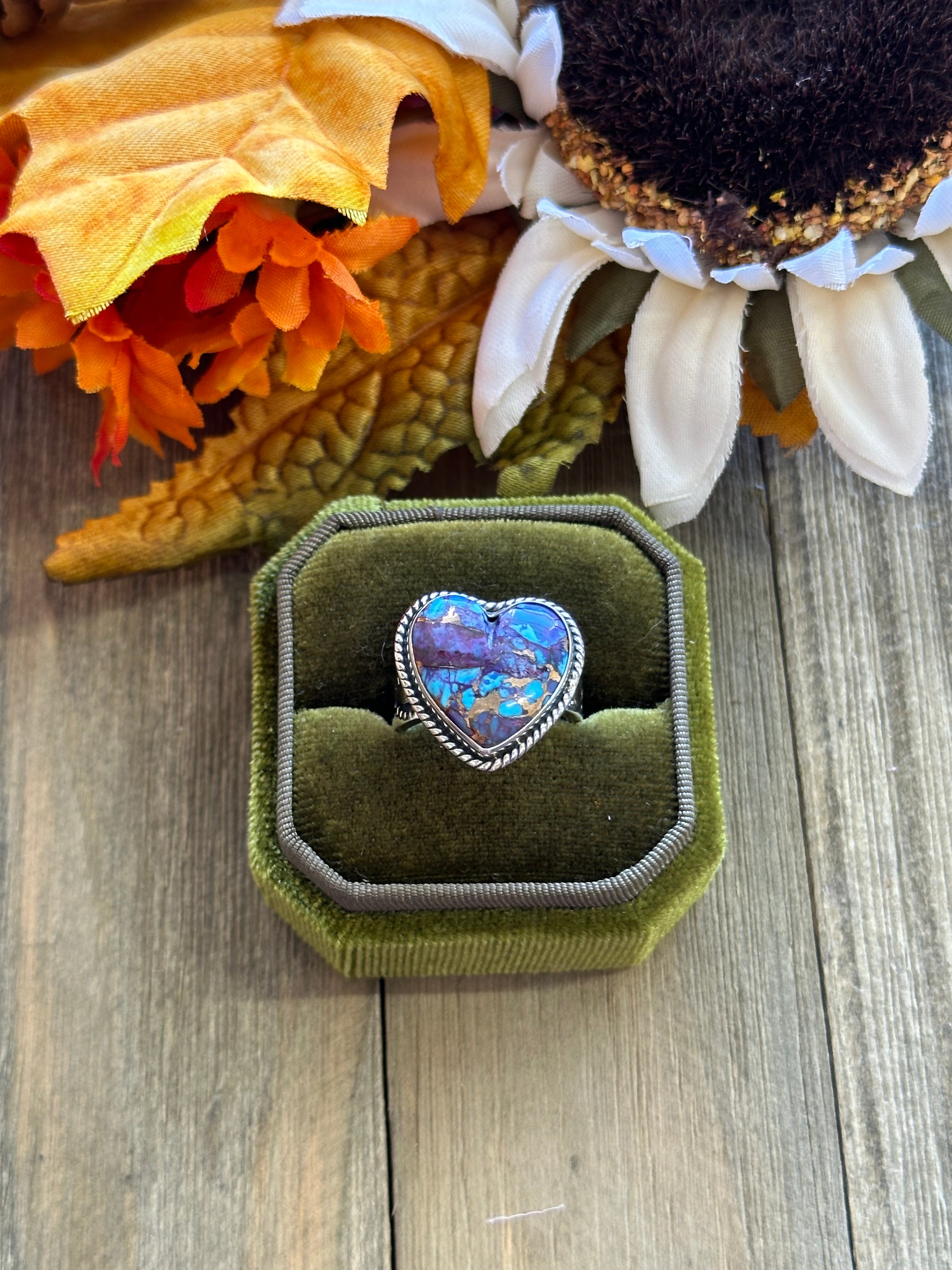 Southwest Handmade Mohave Turquoise & Sterling Silver Adjustable Heart Ring