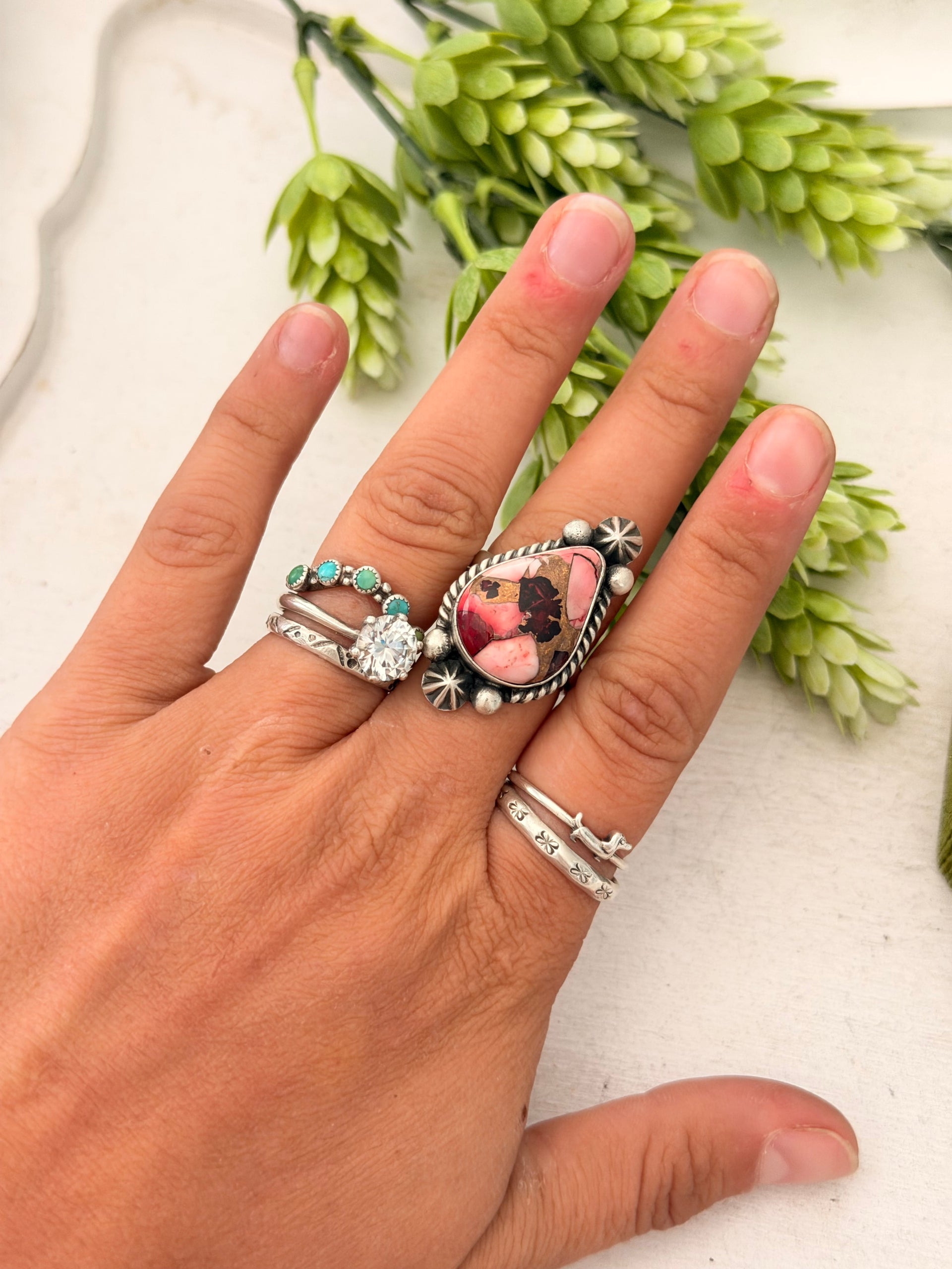 Johnny Dixon Rose Dahlia & Sterling Sliver Cluster Adjustable Ring