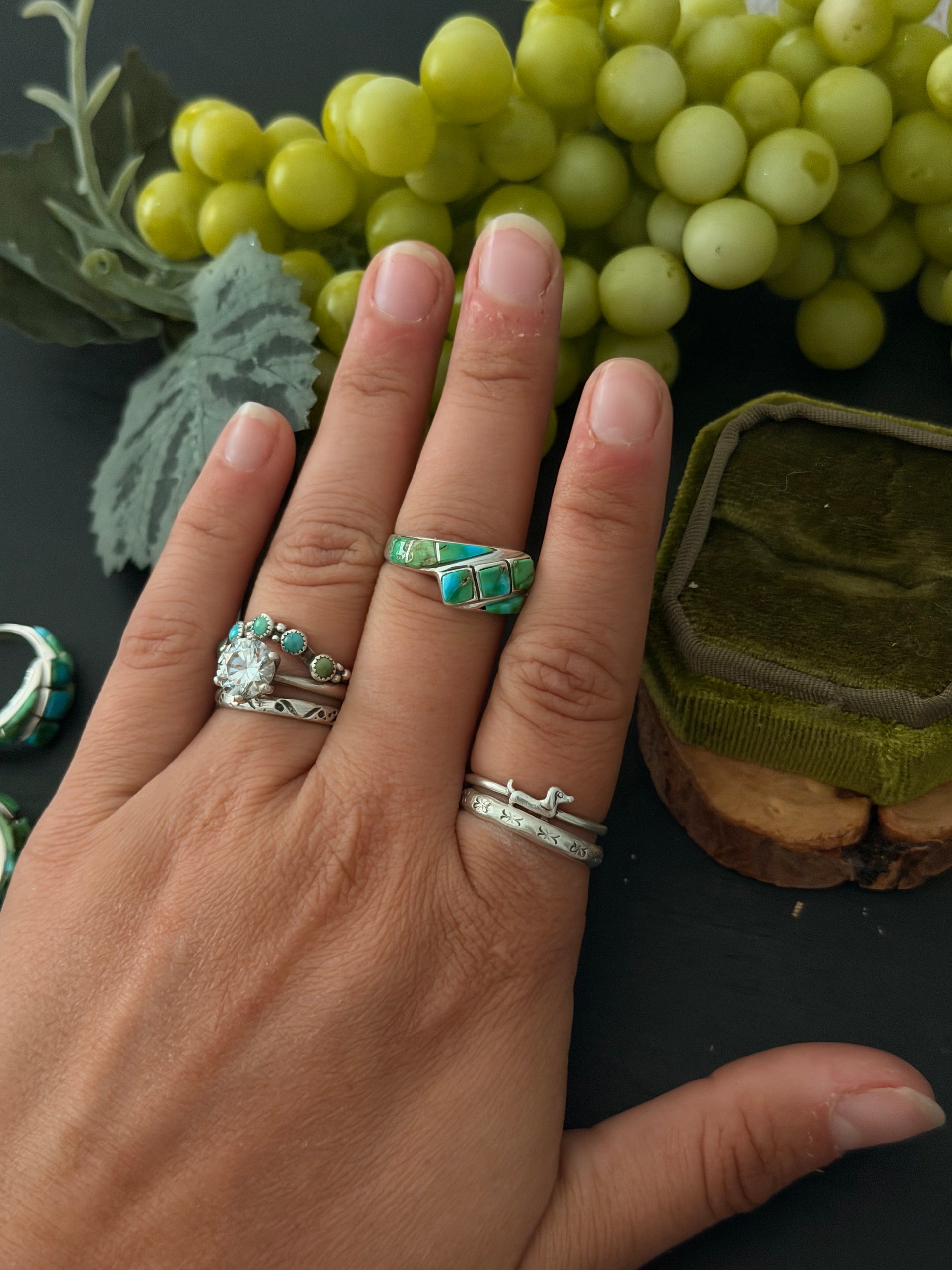 Navajo Made Sonoran Gold Turquoise & Sterling Silver Inlay Ring Size 7.25