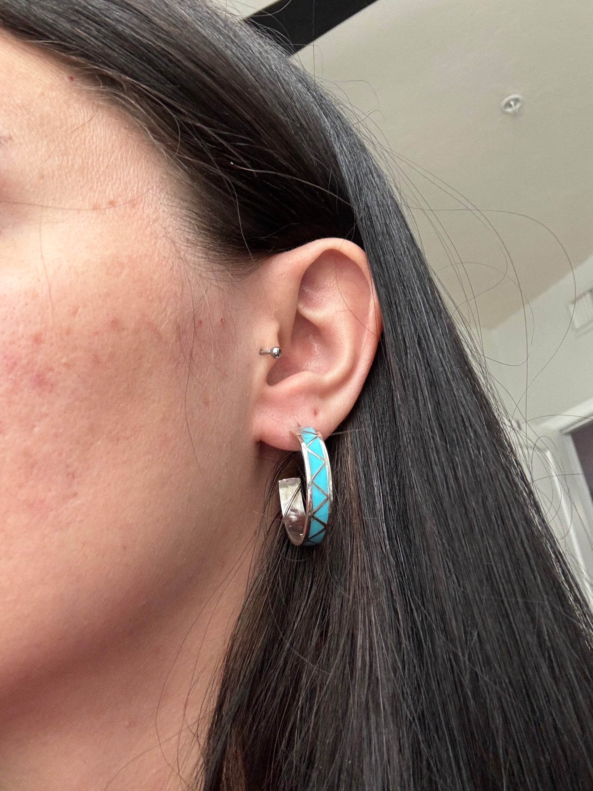 Navajo Made Kingman Turquoise & Sterling Silver Inlay Hoop Earrings